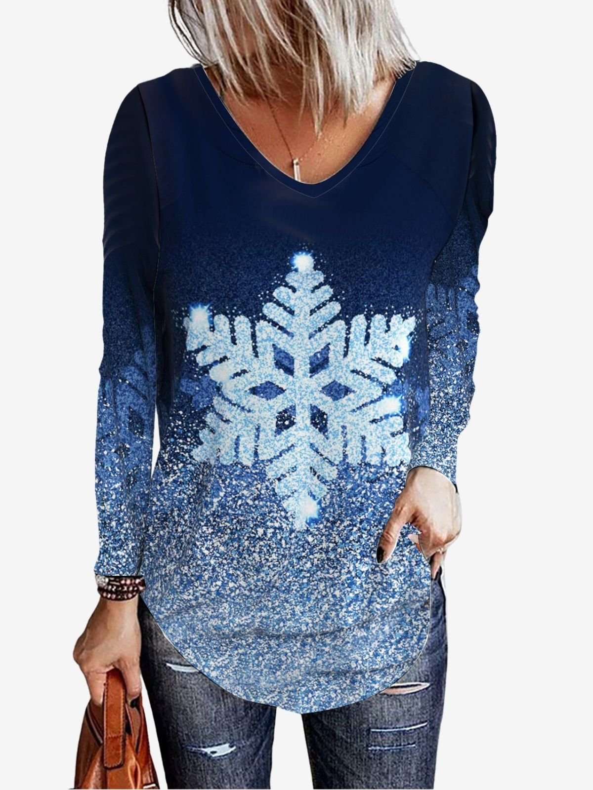 Women's Long Sleeve Blouse Spring/Fall Snowflake Printing V Neck Holiday Going Out Vintage Top