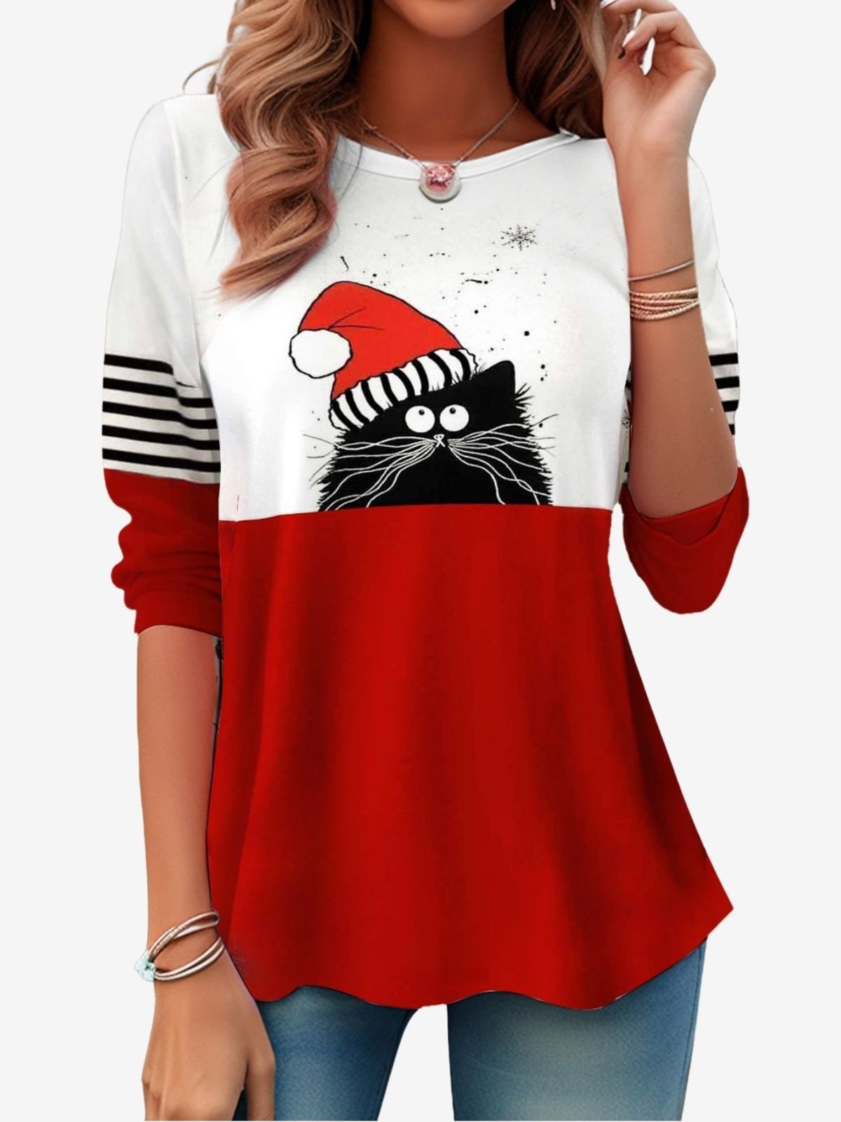 Women's Long Sleeve Tee T-shirt Spring/Fall Cat Printing Jersey Crew Neck Holiday Going Out Casual Top