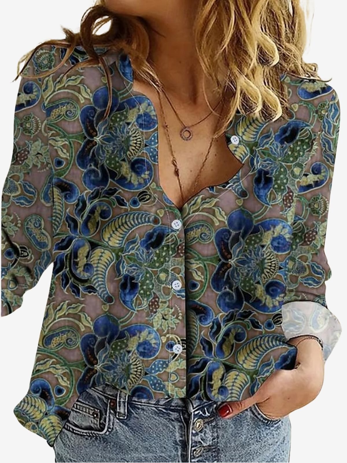 Women's Long Sleeve Shirt Spring/Fall Floral Shirt Collar Daily Going Out Casual Top