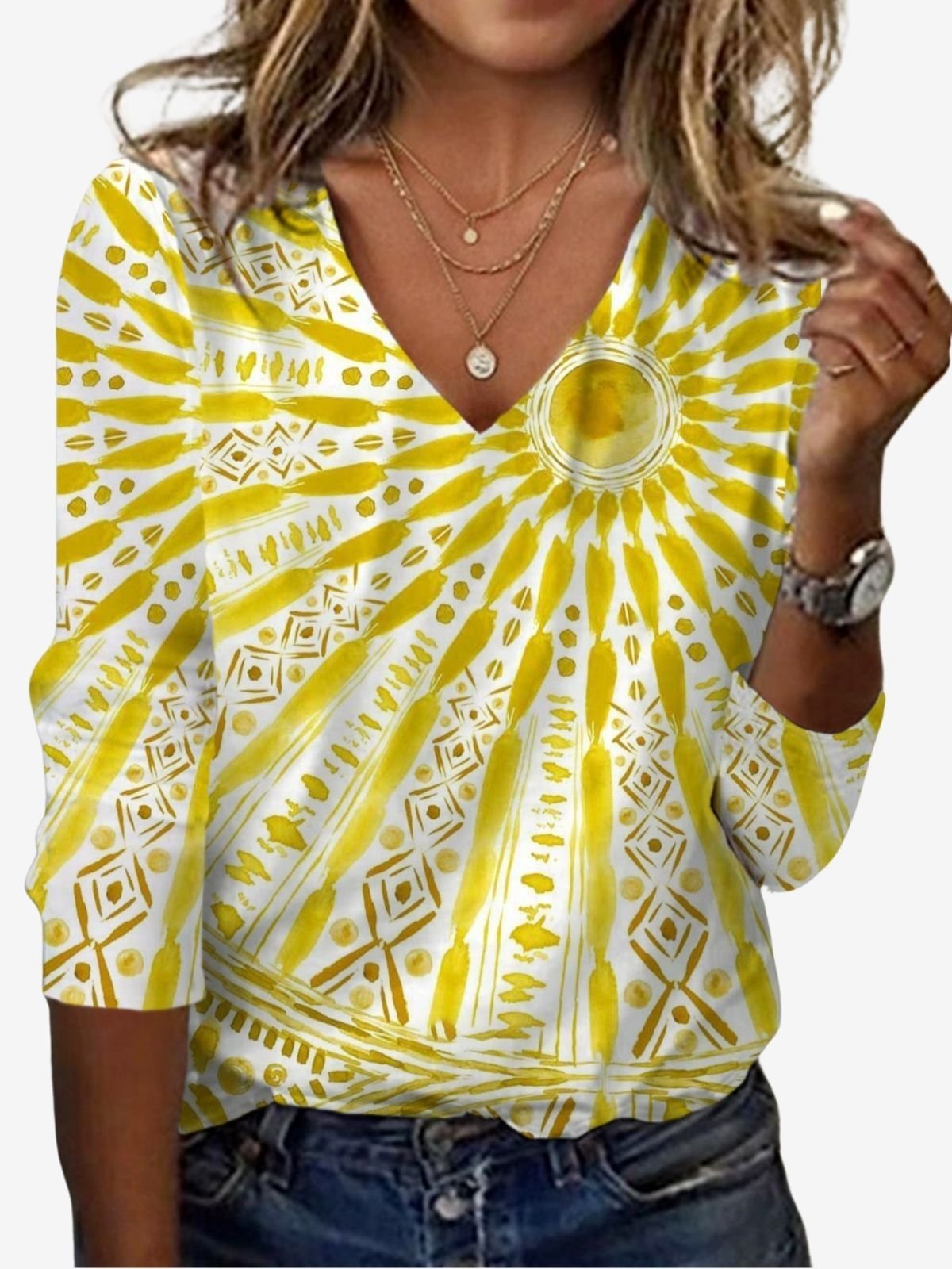 Women's Ethnic Sunshine Print Long Sleeve V Neck T-Shirt