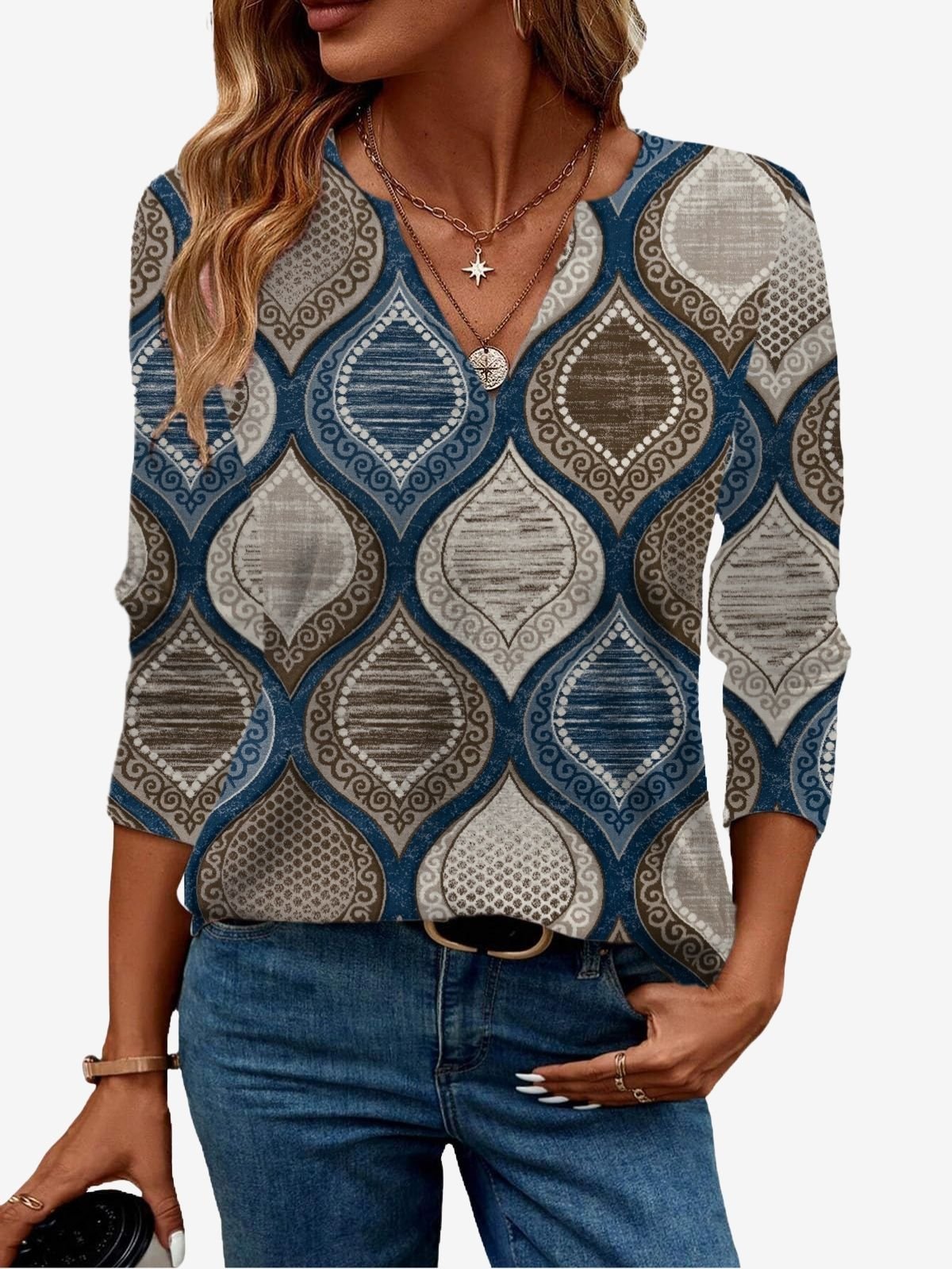 Women's Long Sleeve Blouse Spring/Fall Ethnic Jersey V Neck Vacation Going Out Casual Top