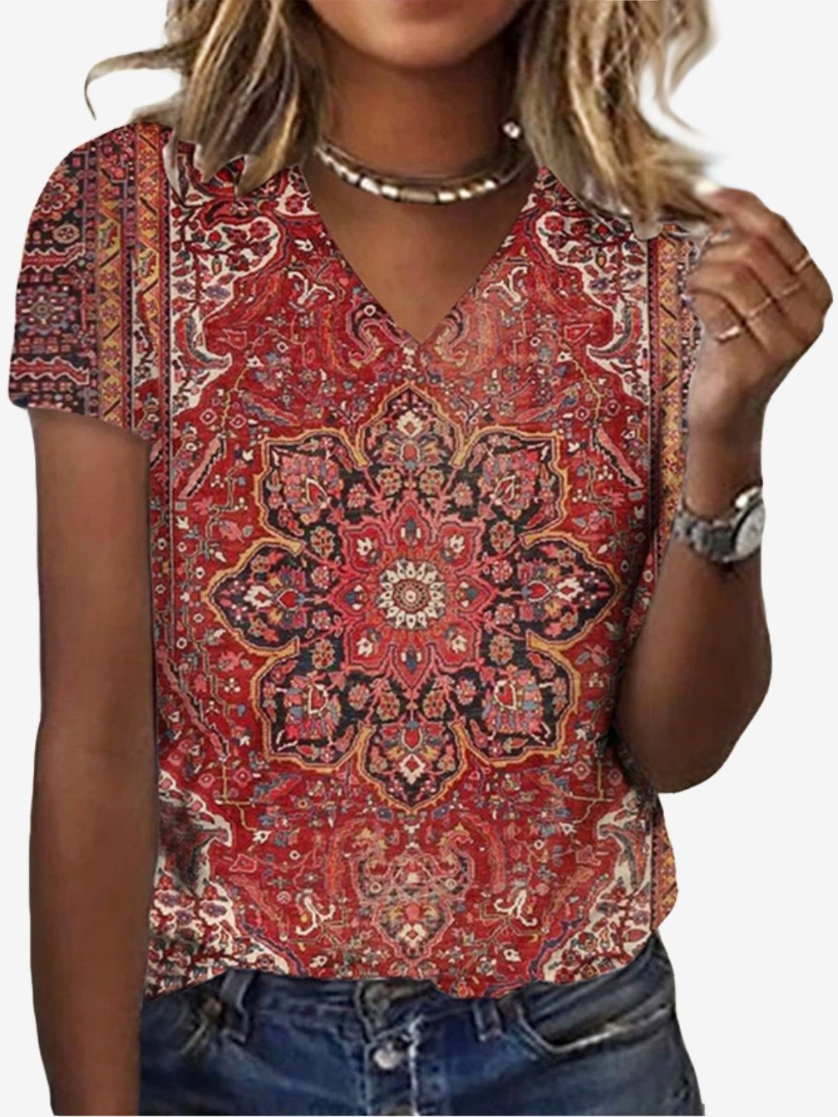 Women's Short Sleeve Tee T-shirt Summer Ethnic Jersey V Neck Holiday Going Out Casual Top