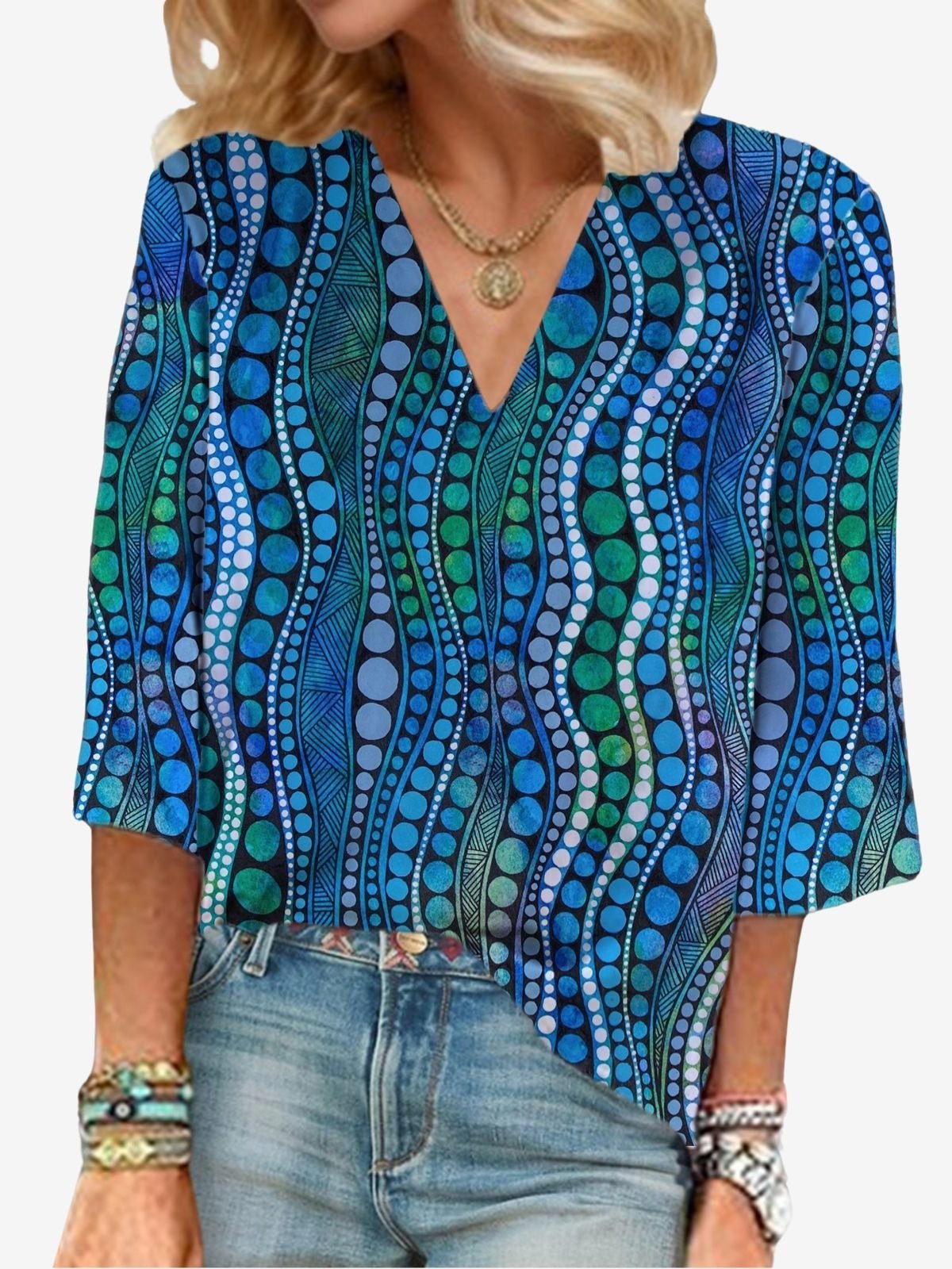 Women's Three Quarter Sleeve Blouse Spring/Fall Abstract V Neck Daily Going Out Casual Top