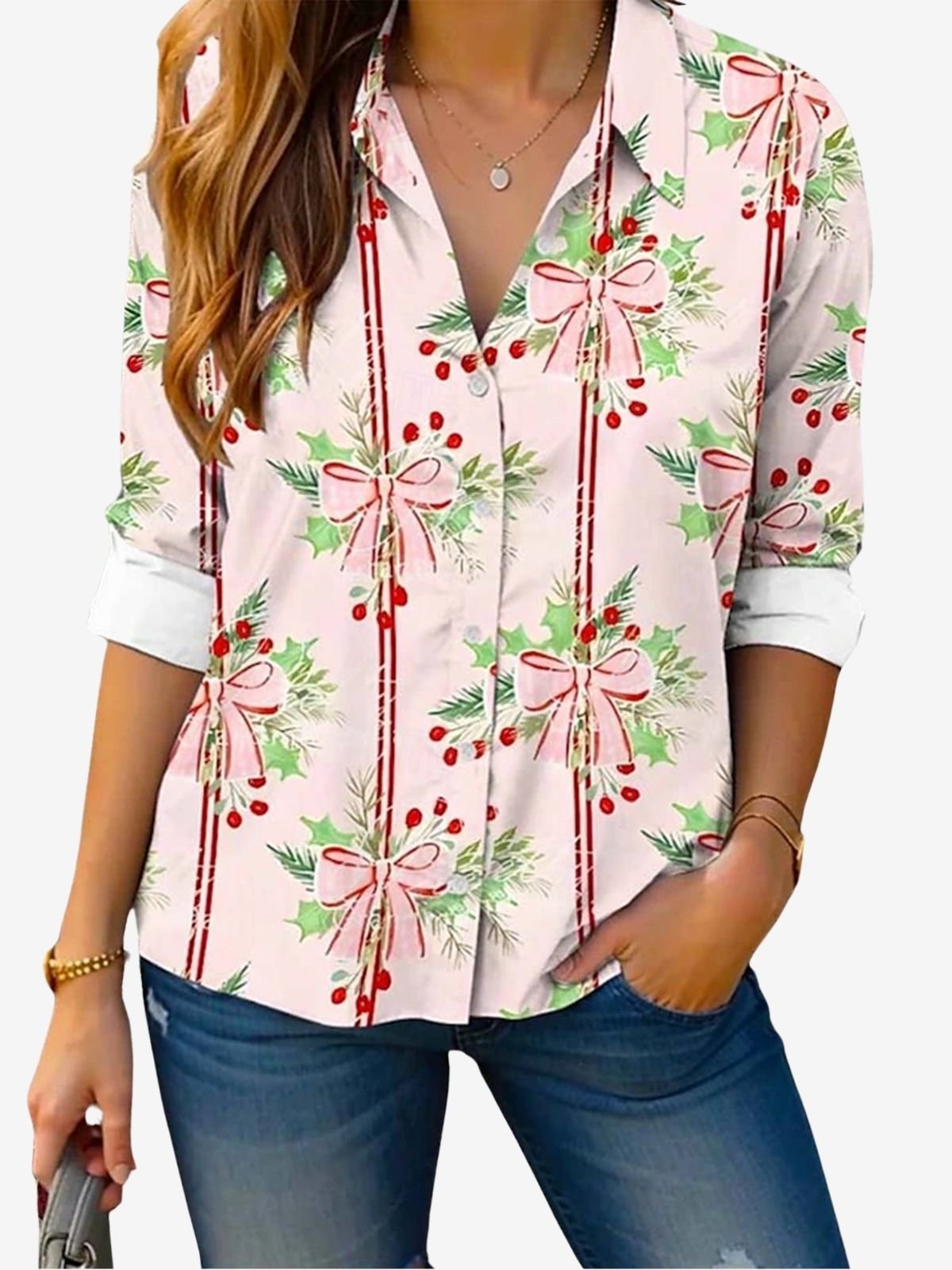 Women's Long Sleeve Shirt Spring/Fall Christmas Shirt Collar Daily Going Out Casual Top