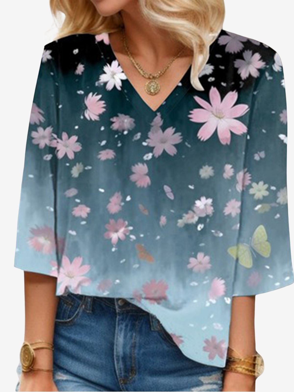 Women's Three Quarter Sleeve Blouse Spring/Fall Floral V Neck Daily Going Out Casual Top