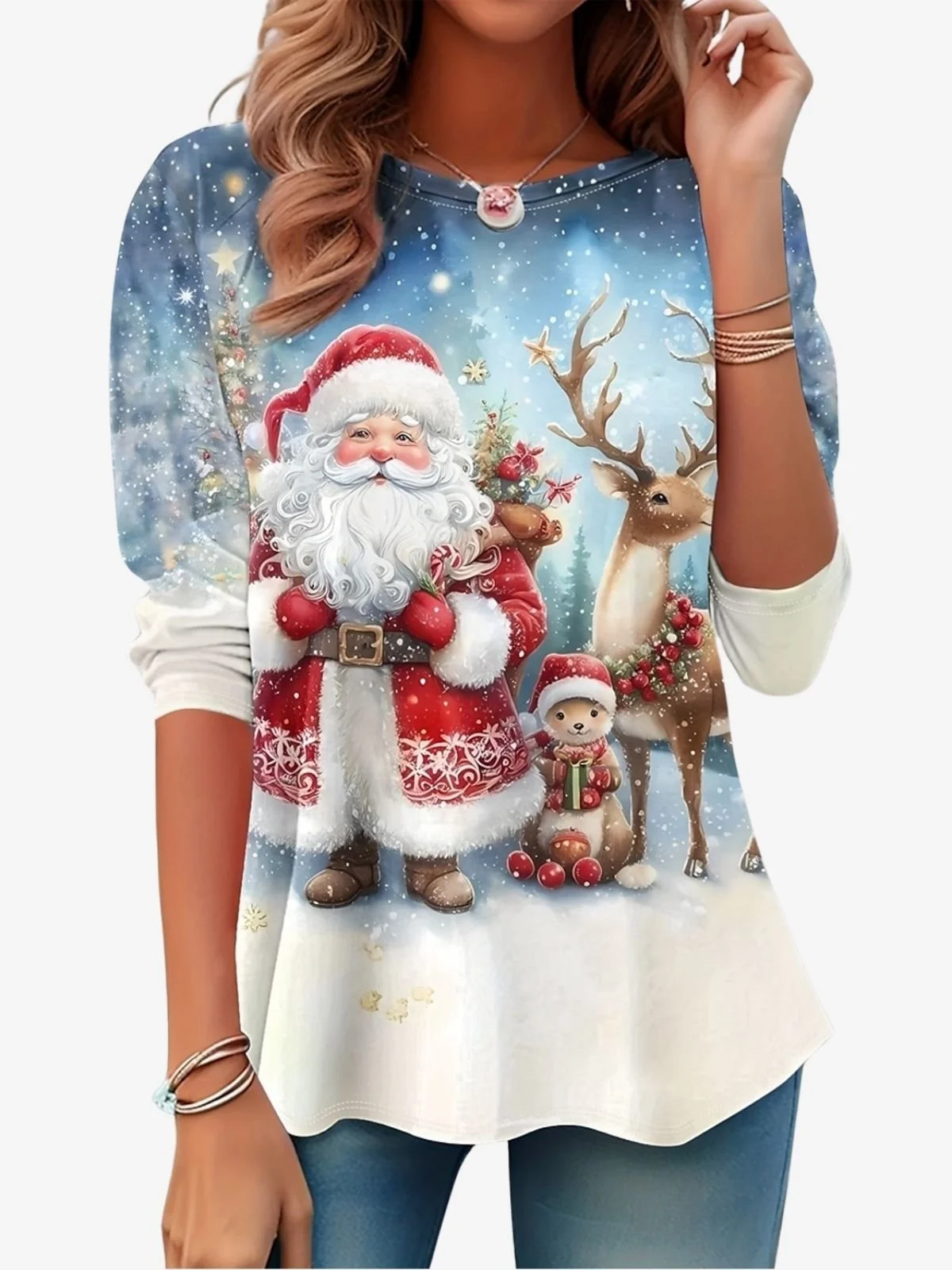 Women's Long Sleeve Tee T-shirt Spring/Fall Santa Claus Jersey Crew Neck Daily Going Out Casual Top