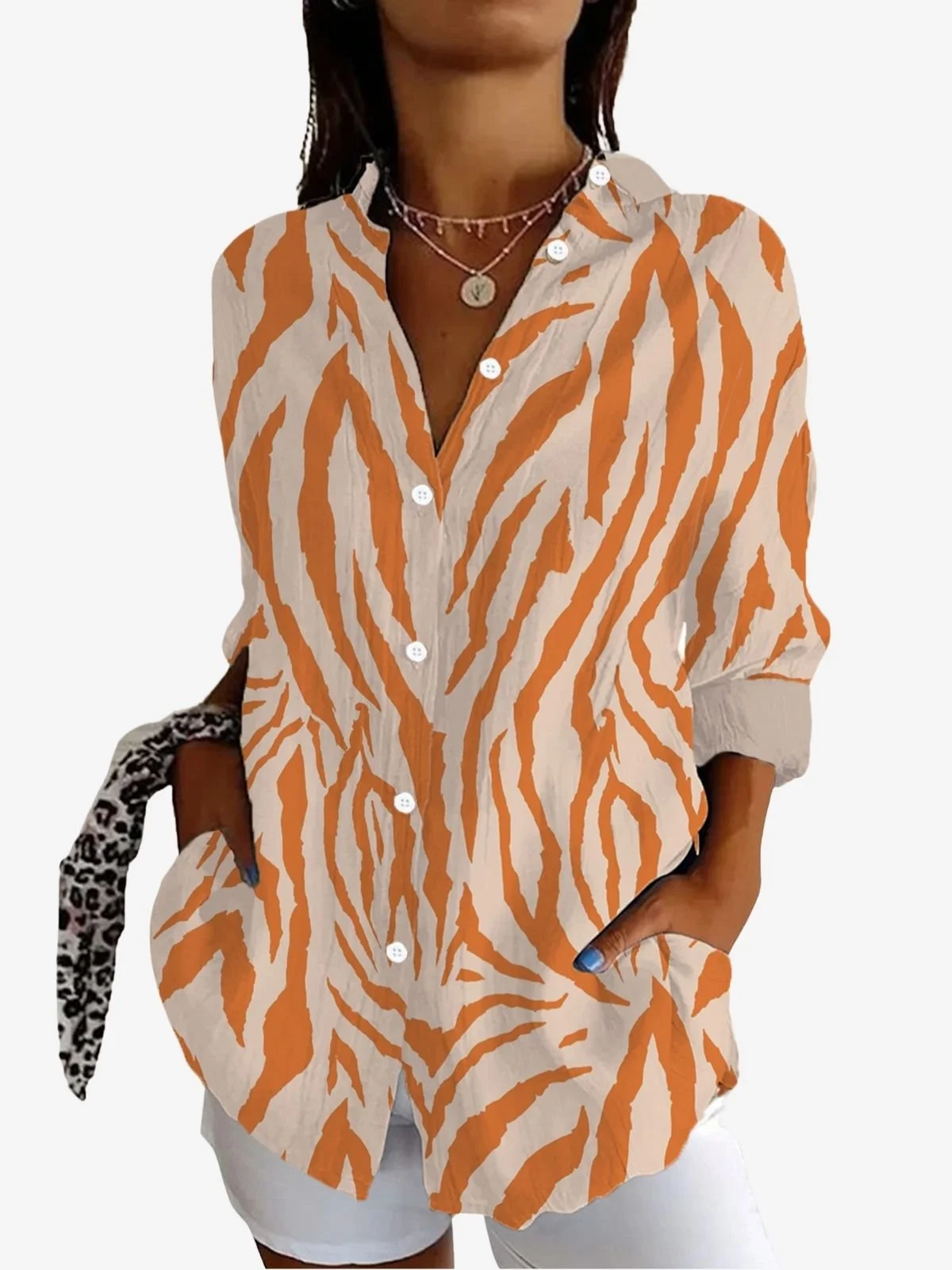 Women's Long Sleeve Shirt Spring/Fall Zebra Shirt Collar Holiday Going Out Casual Top