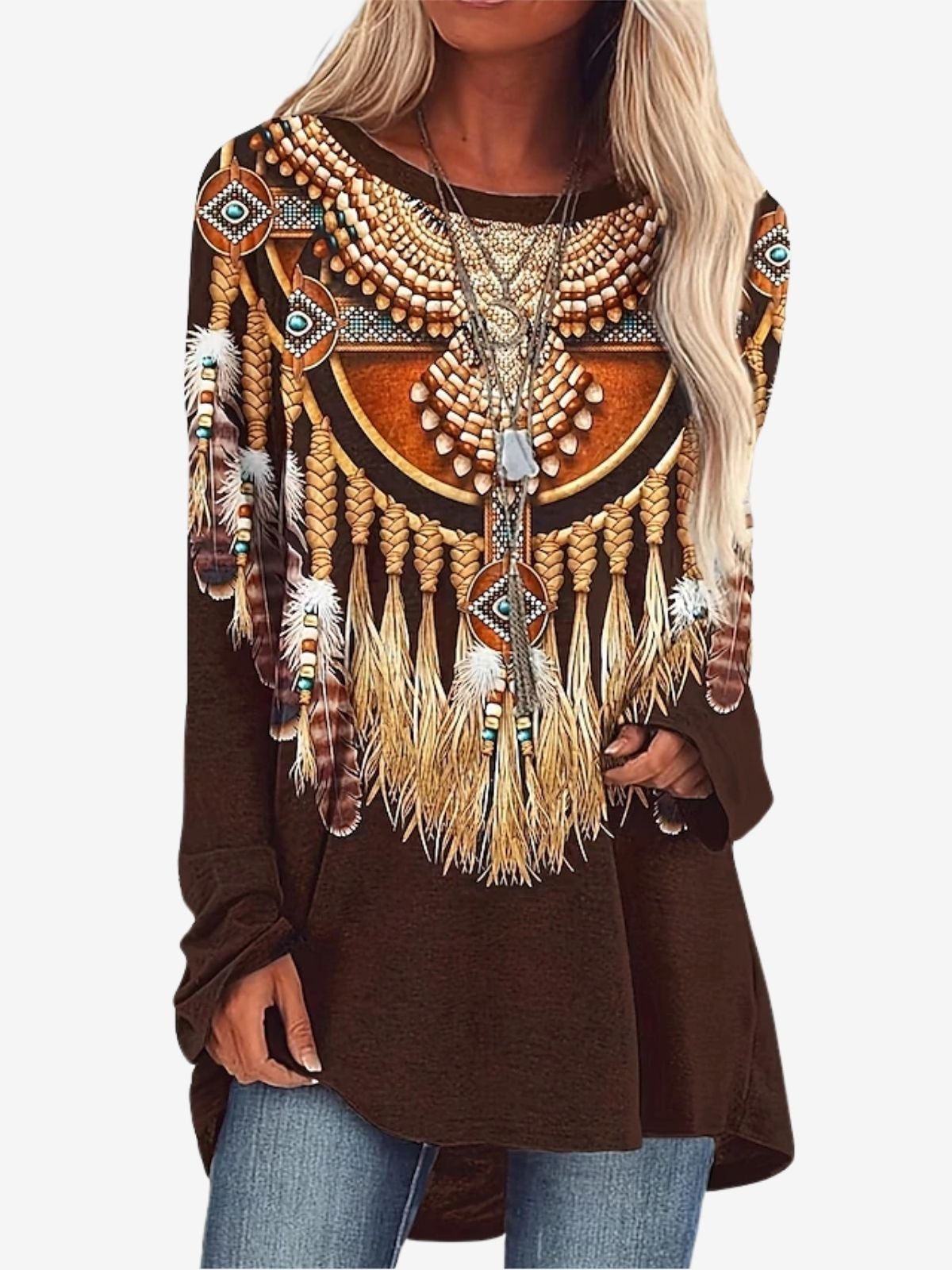 Women's Long Sleeve Tee T-shirt Spring/Fall Ethnic Printing Jersey Crew Neck Holiday Going Out Casual Top