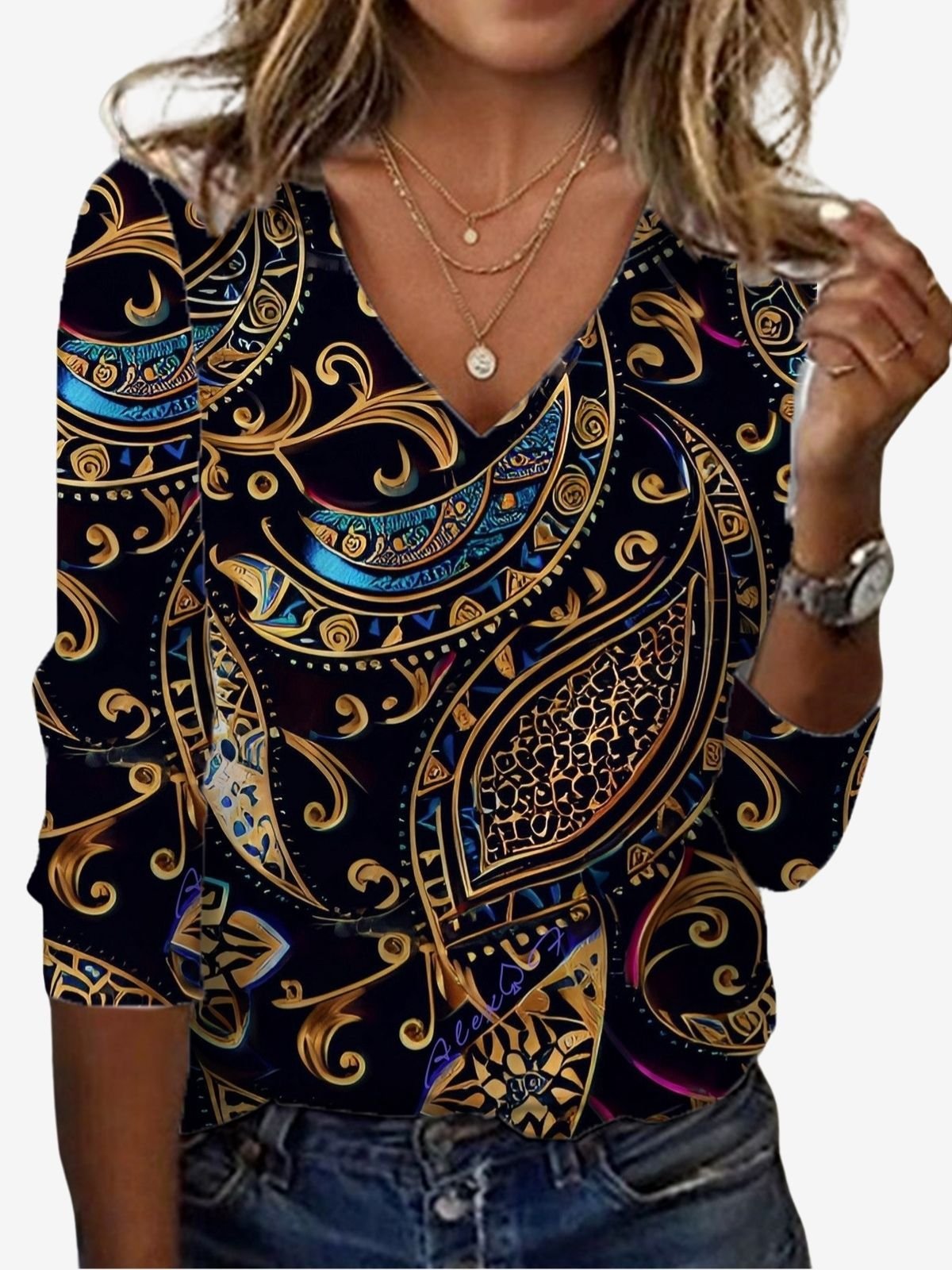 Women's Long Sleeve Tee T-shirt Spring/Fall Ethnic Jersey V Neck Daily Going Out Casual Top