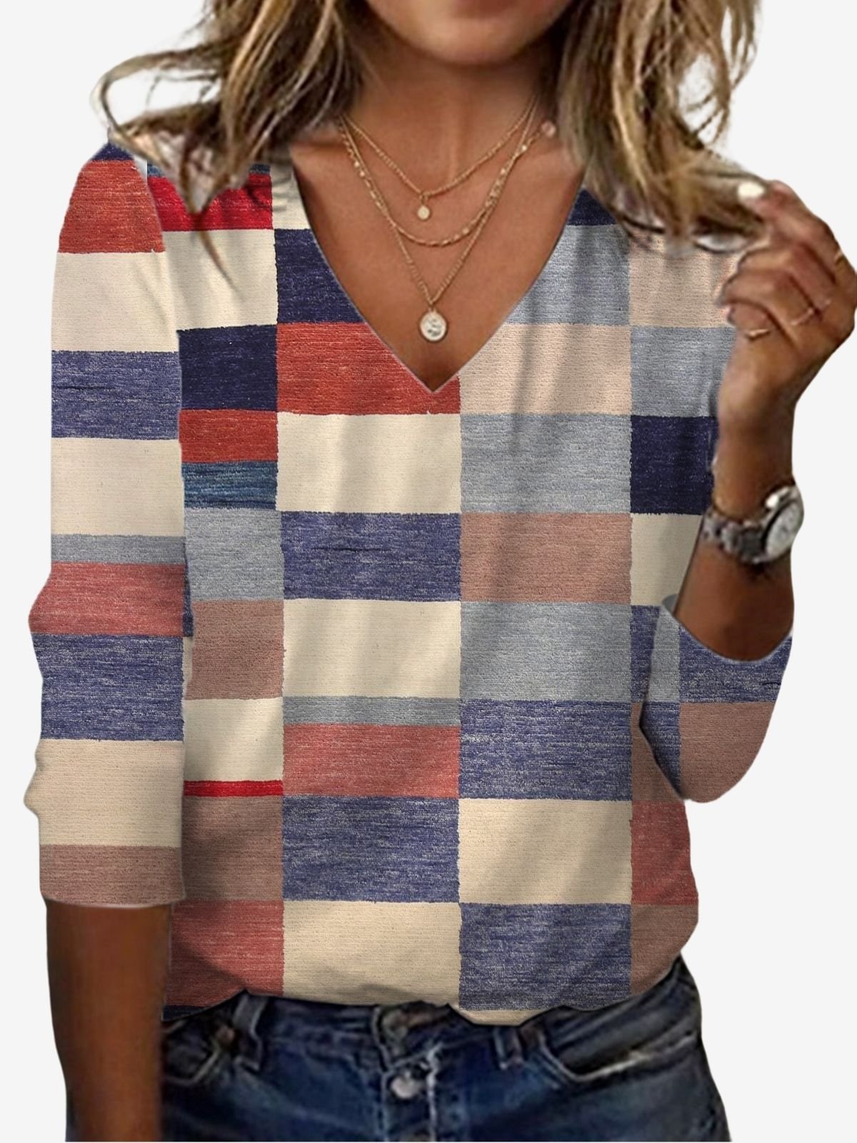 Women's Long Sleeve Tee T-shirt Spring/Fall Geometric Jersey V Neck Daily Going Out Casual Top