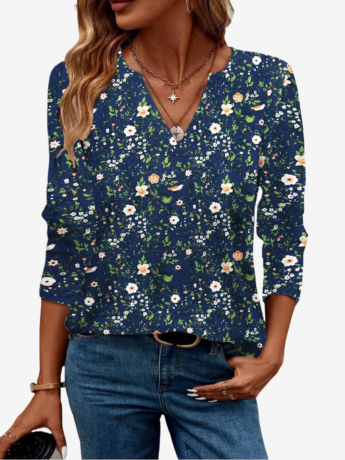 Women's Long Sleeve Blouse Spring/Fall Floral Jersey V Neck Daily Going Out Casual Top