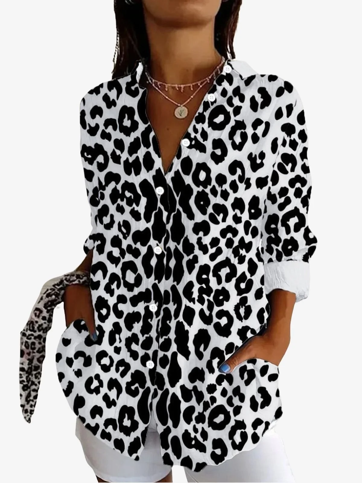 Women's Long Sleeve Shirt Spring/Fall Leopard Shirt Collar Daily Going Out Casual Top