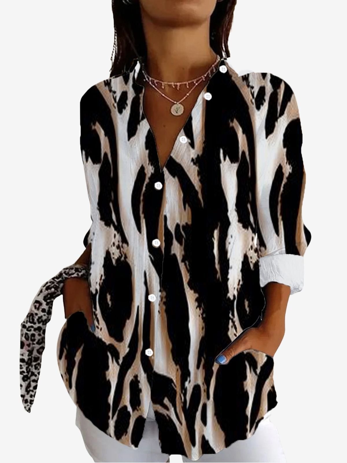 Women's Long Sleeve Shirt Spring/Fall Leopard Shirt Collar Holiday Going Out Casual Top