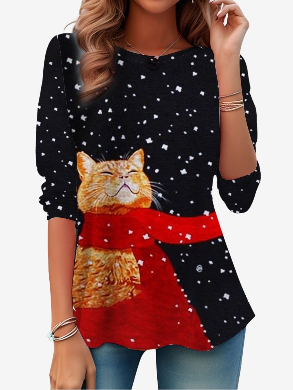 Women's Long Sleeve Tee T-shirt Spring/Fall Cat Printing Jersey Crew Neck Daily Going Out Casual Top