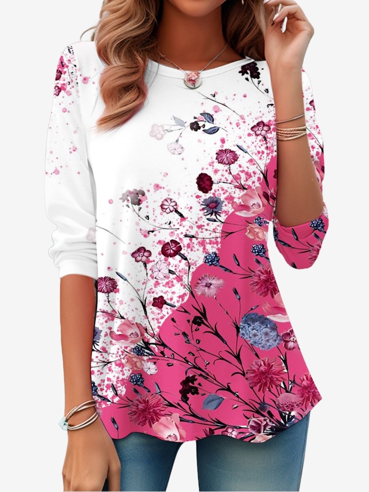 Women's Long Sleeve Tee T-shirt Spring/Fall Floral Printing Jersey Crew Neck Daily Going Out Casual Top