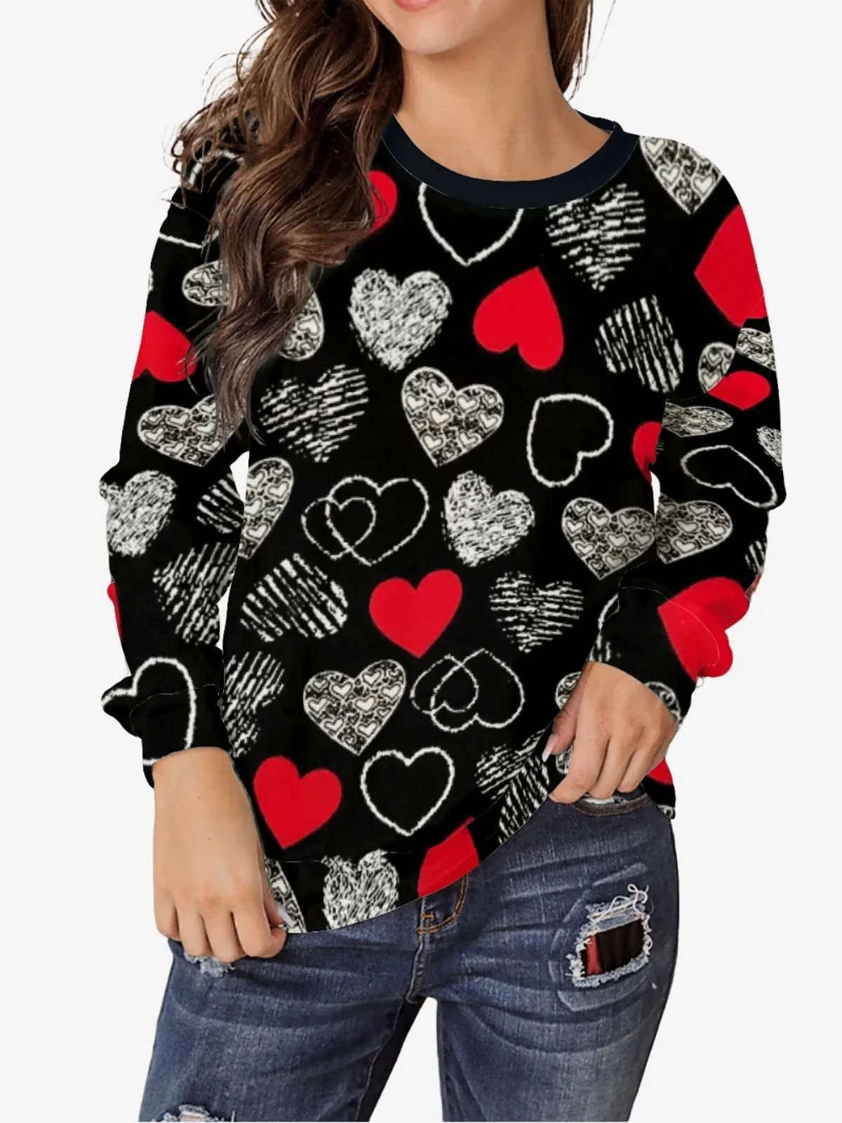 Women's Valentine's Day Love Print Graphic Long Sleeve Crew Neck Sweatshirt