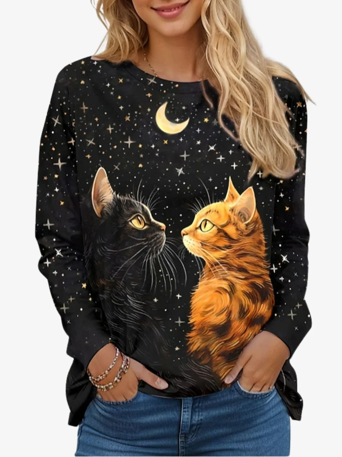 Women's Long Sleeve Tee T-shirt Spring/Fall Cat Jersey Crew Neck Daily Going Out Casual Top