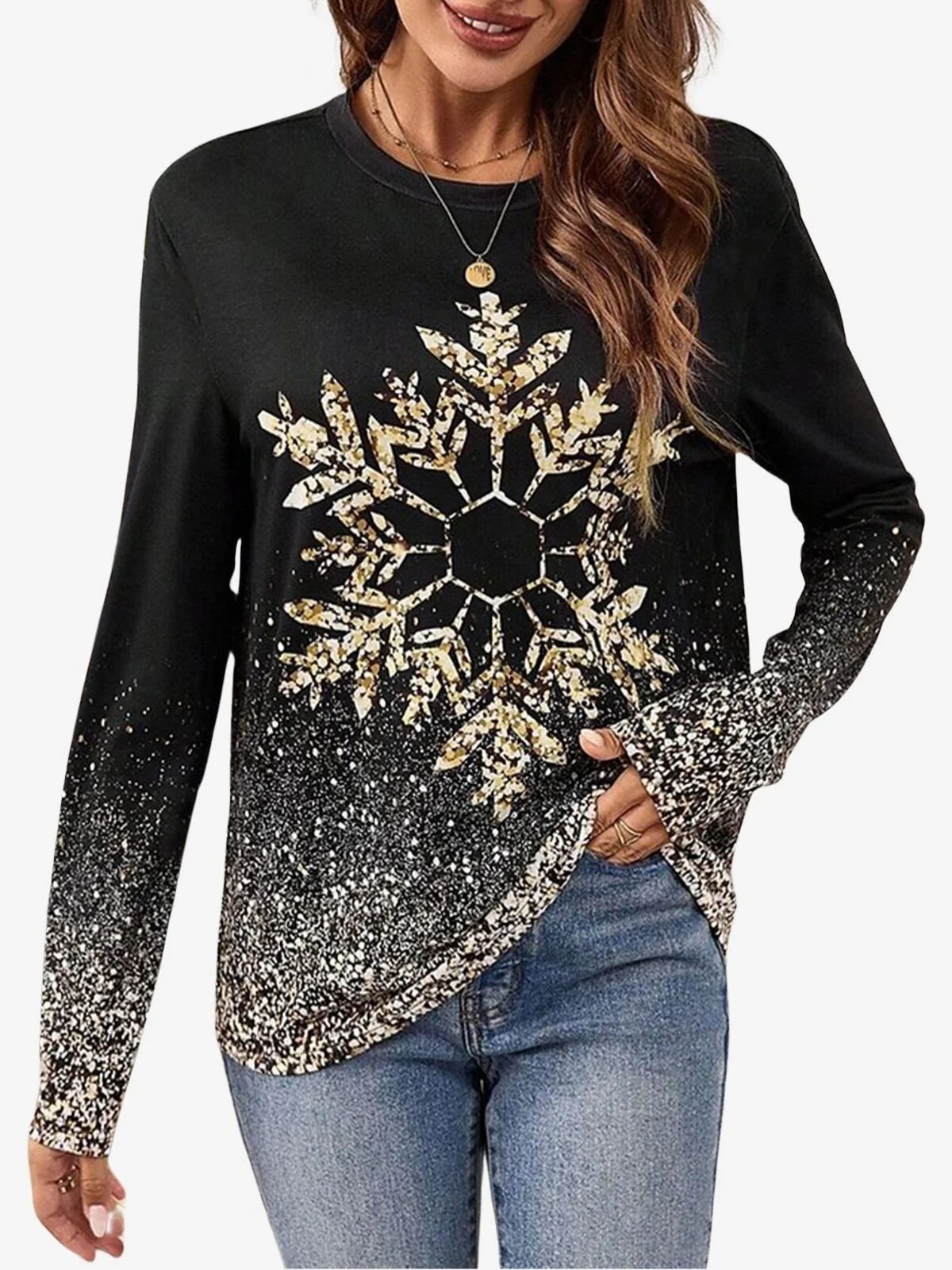 Women's Long Sleeve Tee T-shirt Spring/Fall Christmas Snowman Printing Jersey Crew Neck Holiday Going Out Casual Top