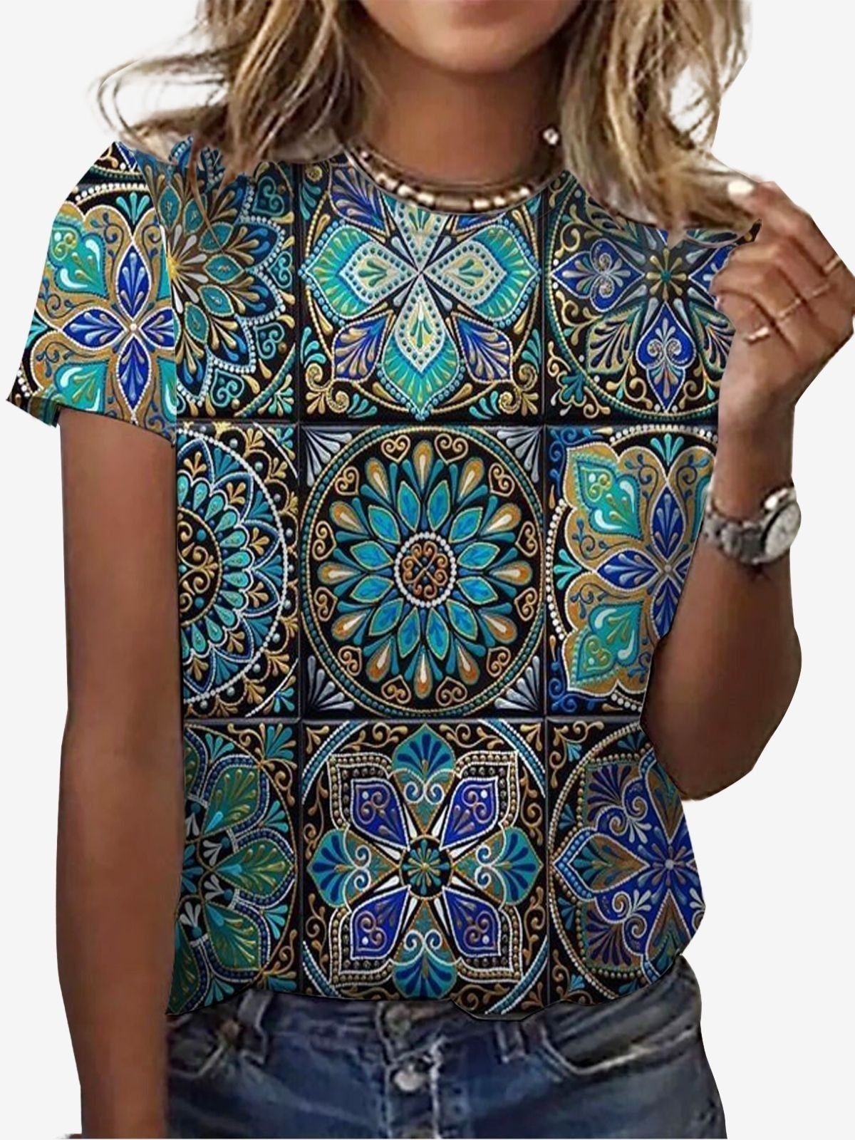 Women's Short Sleeve Tee T-shirt Summer Ethnic Jersey Crew Neck Holiday Going Out Casual Top