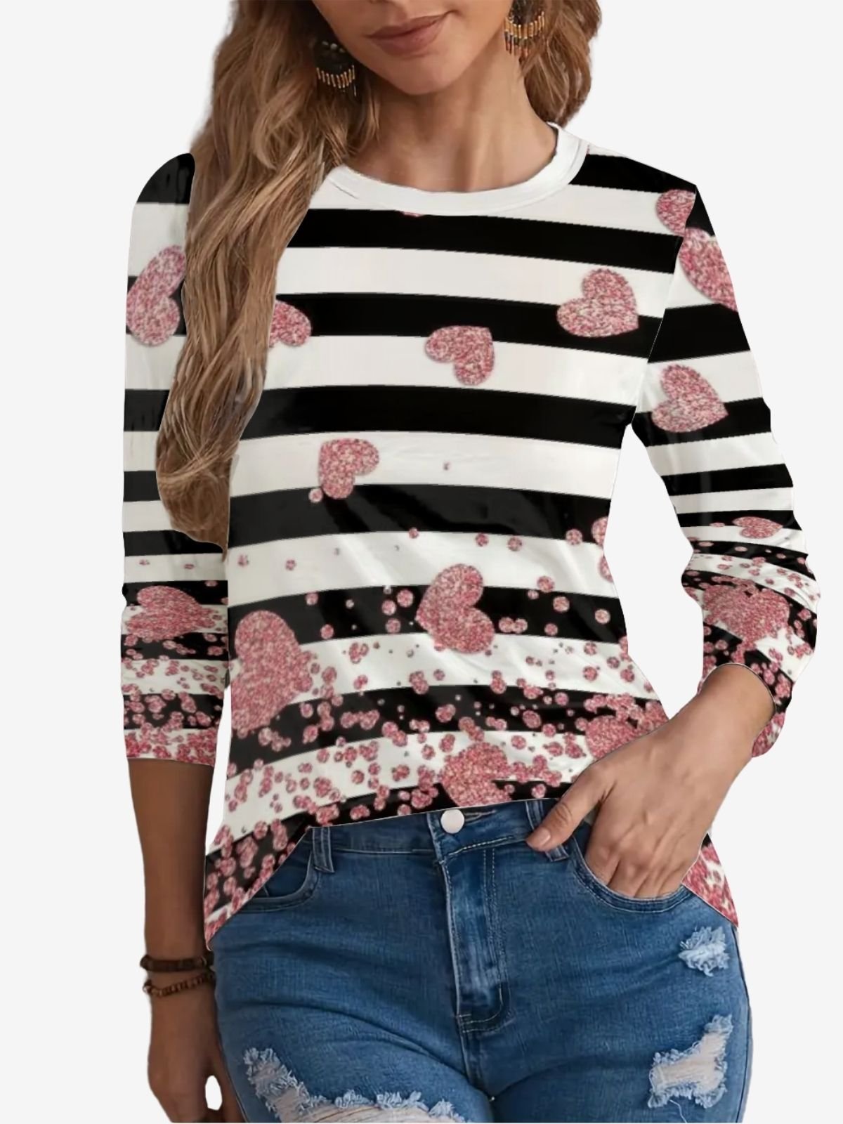 Women's Valentine's Day Striped Love Hear Print Long Sleeve T-shirt