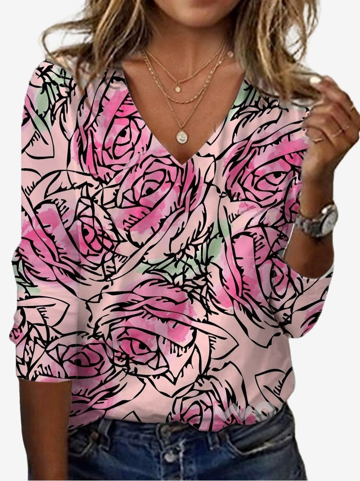 Women's Long Sleeve Tee T-shirt Spring/Fall Floral Jersey V Neck Holiday Going Out Casual Top