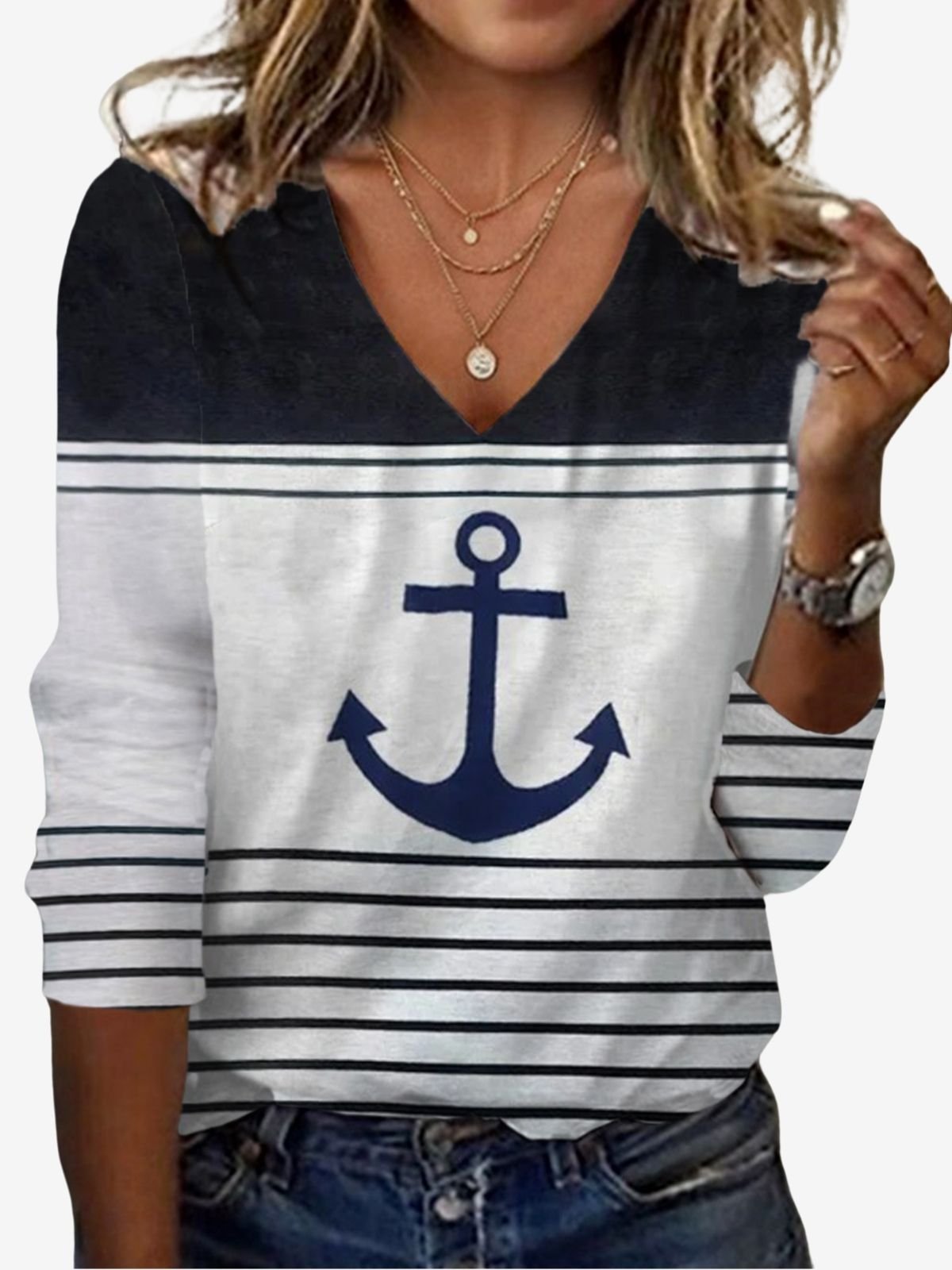 Women's Long Sleeve Tee T-shirt Spring/Fall Anchor Jersey V Neck Daily Going Out Casual Top