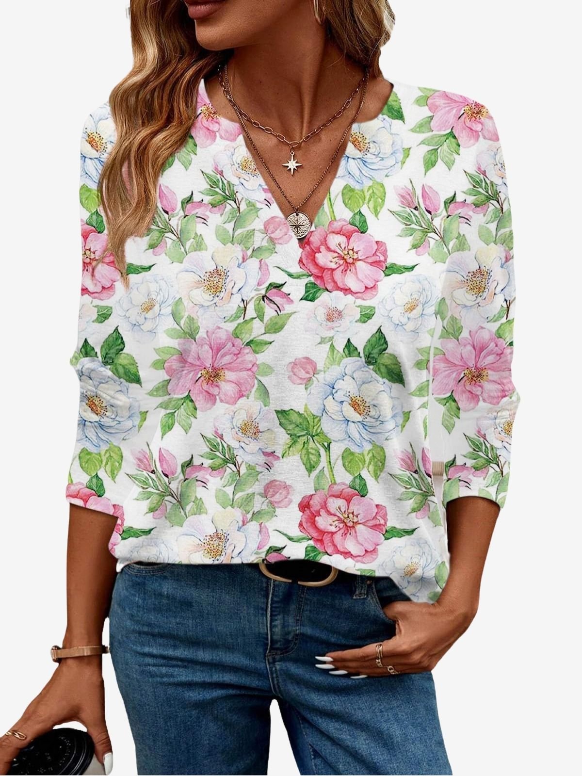 Women's Long Sleeve Blouse Spring/Fall Floral Jersey V Neck Daily Going Out Casual Top