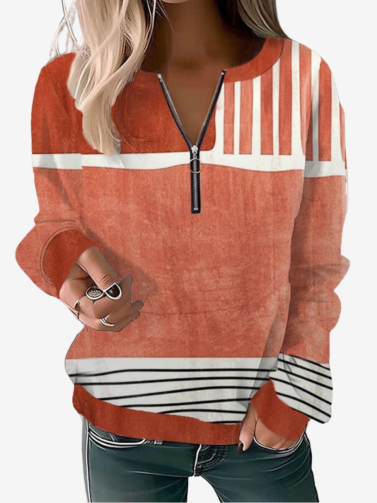 Women's Crew Neck Striped Casual Spring/Fall Long Sleeve Sweatshirt