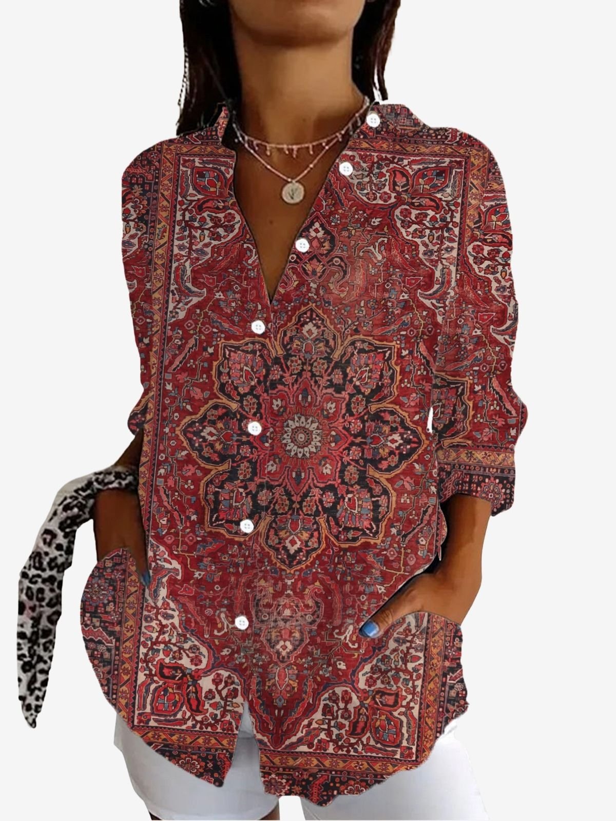 Women's Long Sleeve Shirt Spring/Fall Ethnic Shirt Collar Vacation Going Out Casual Top