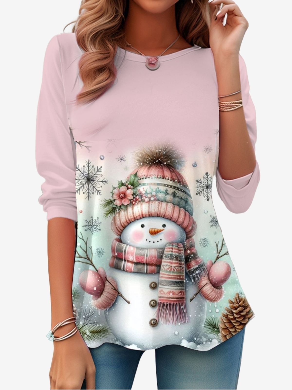 Women's Long Sleeve Tee T-shirt Spring/Fall Christmas Snowman Printing Jersey Crew Neck Holiday Going Out Casual Top