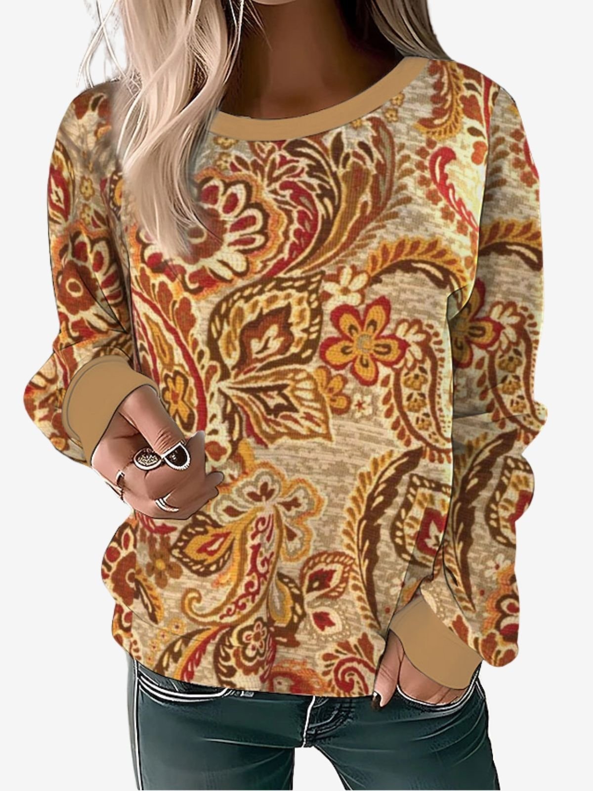 Women's Crew Neck Ethnic Printing Casual Spring/Fall Long Sleeve Sweatshirt