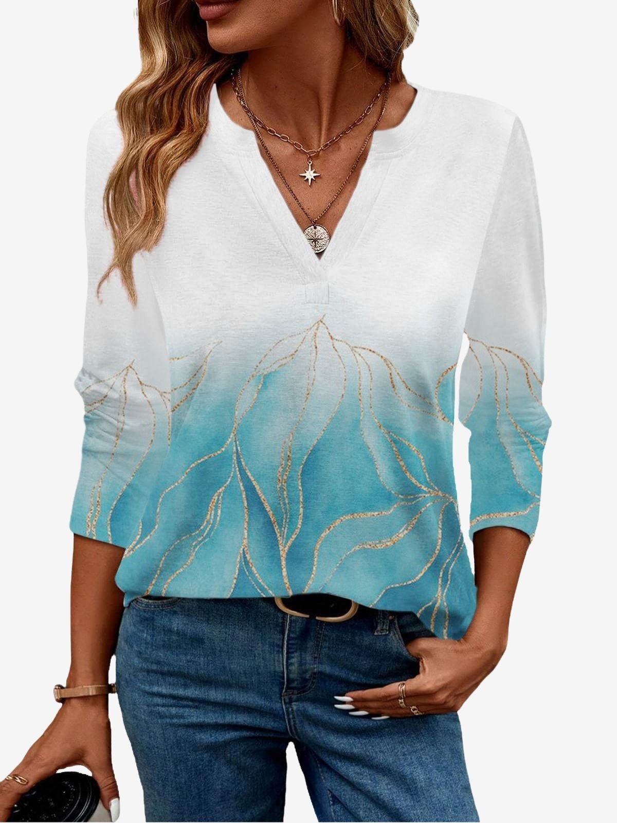 Women's Long Sleeve Blouse Spring/Fall Abstract Jersey V Neck Daily Going Out Casual Top