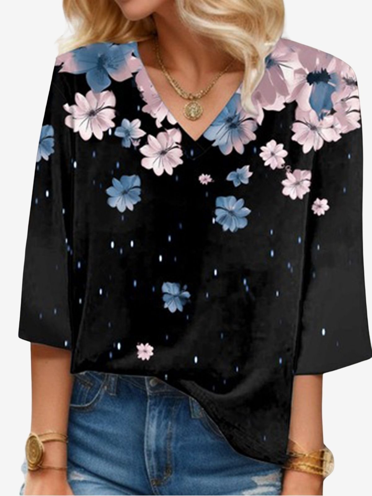 Women's Three Quarter Sleeve Blouse Spring/Fall Floral V Neck Daily Going Out Casual Top