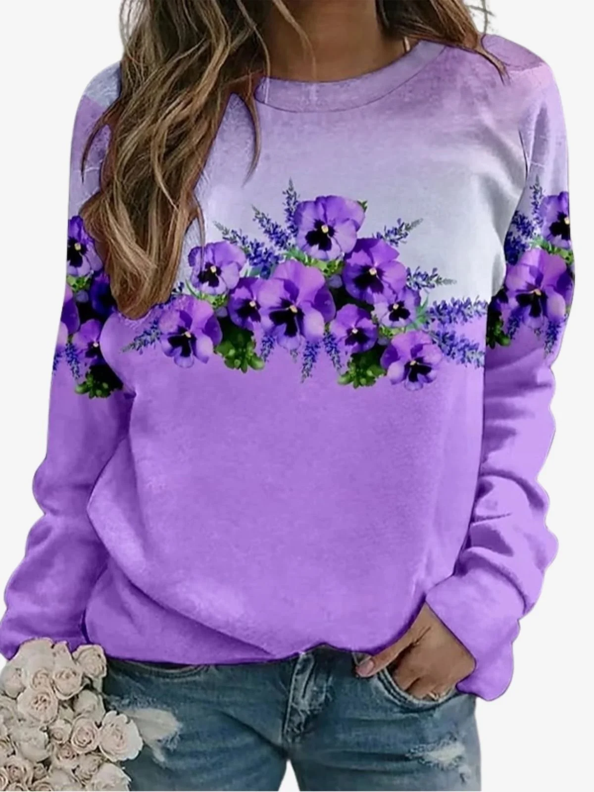 Women's Crew Neck Floral Casual Spring/Fall Long Sleeve Sweatshirt