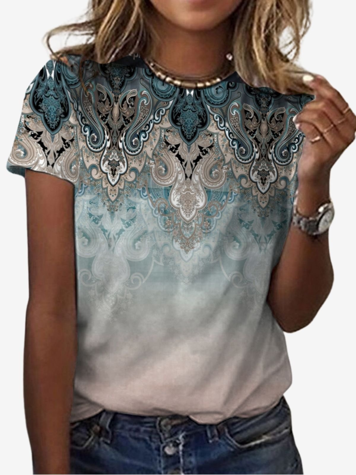 Women's Short Sleeve Tee T-shirt Summer Ethnic Jersey Crew Neck Holiday Going Out Casual Top