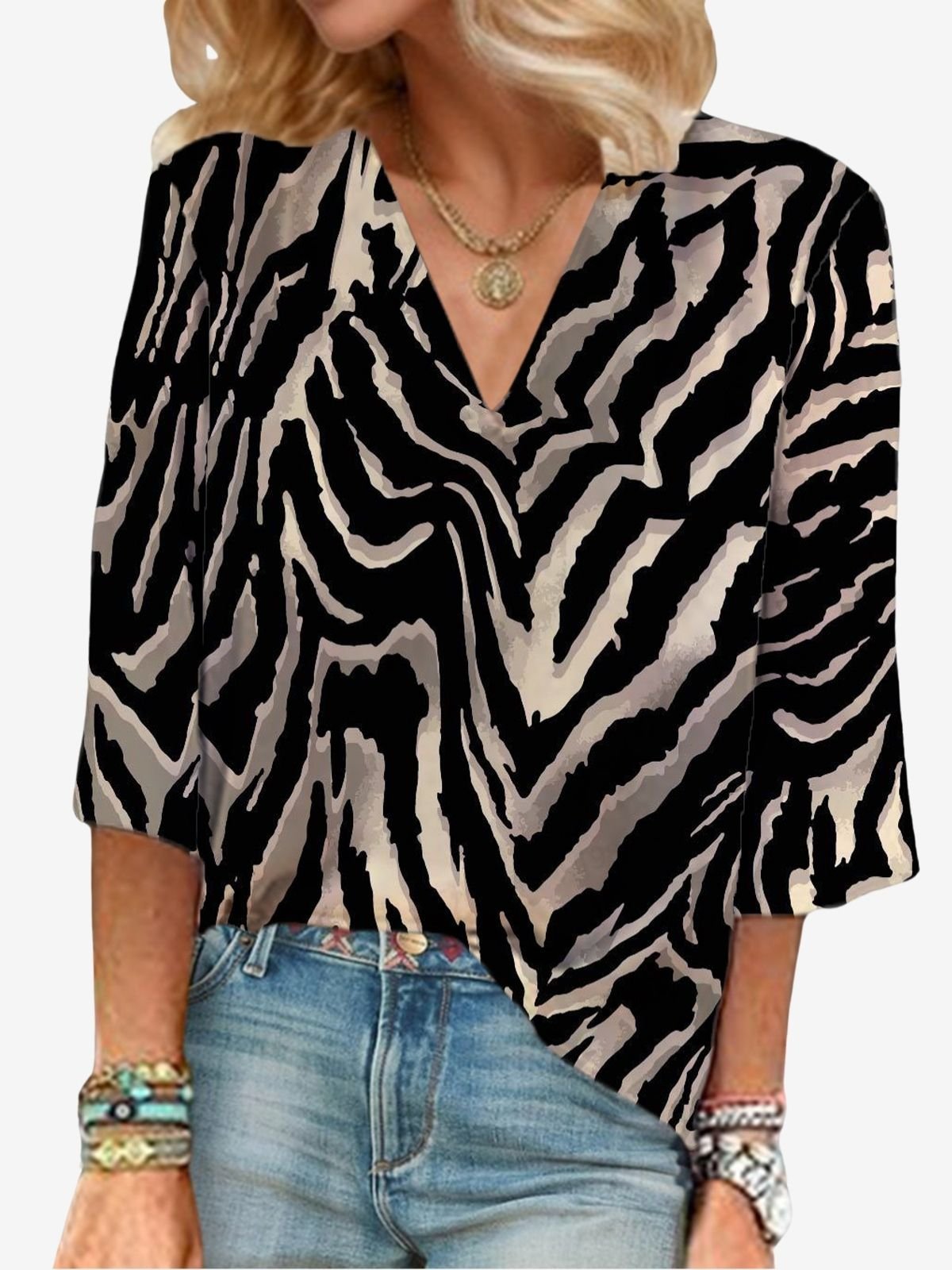 Women's Three Quarter Sleeve Blouse Spring/Fall Zebra V Neck Vacation Going Out Casual Top