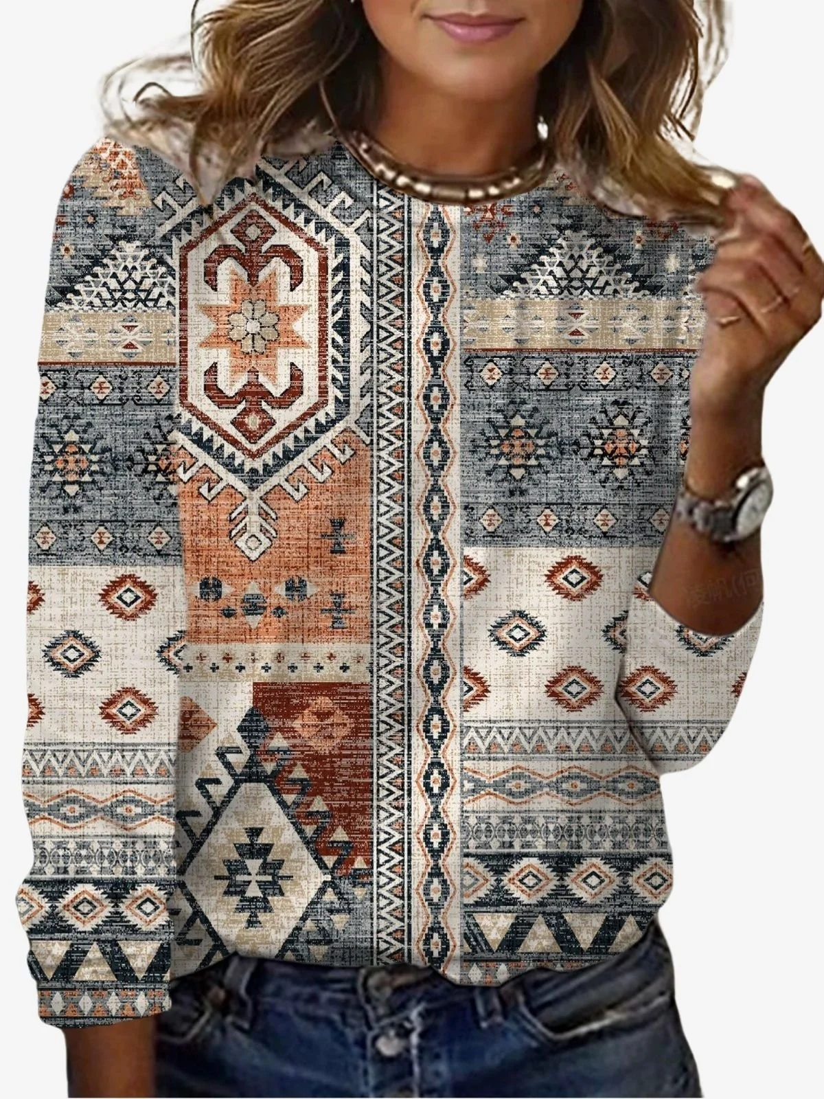 Women's Long Sleeve Tee T-shirt Spring/Fall Ethnic Jersey Crew Neck Daily Going Out Casual Top