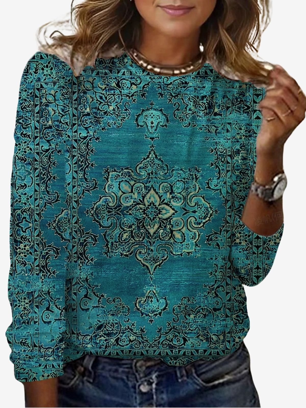 Women's Long Sleeve Tee T-shirt Spring/Fall Ethnic Jersey Crew Neck Holiday Going Out Casual Top