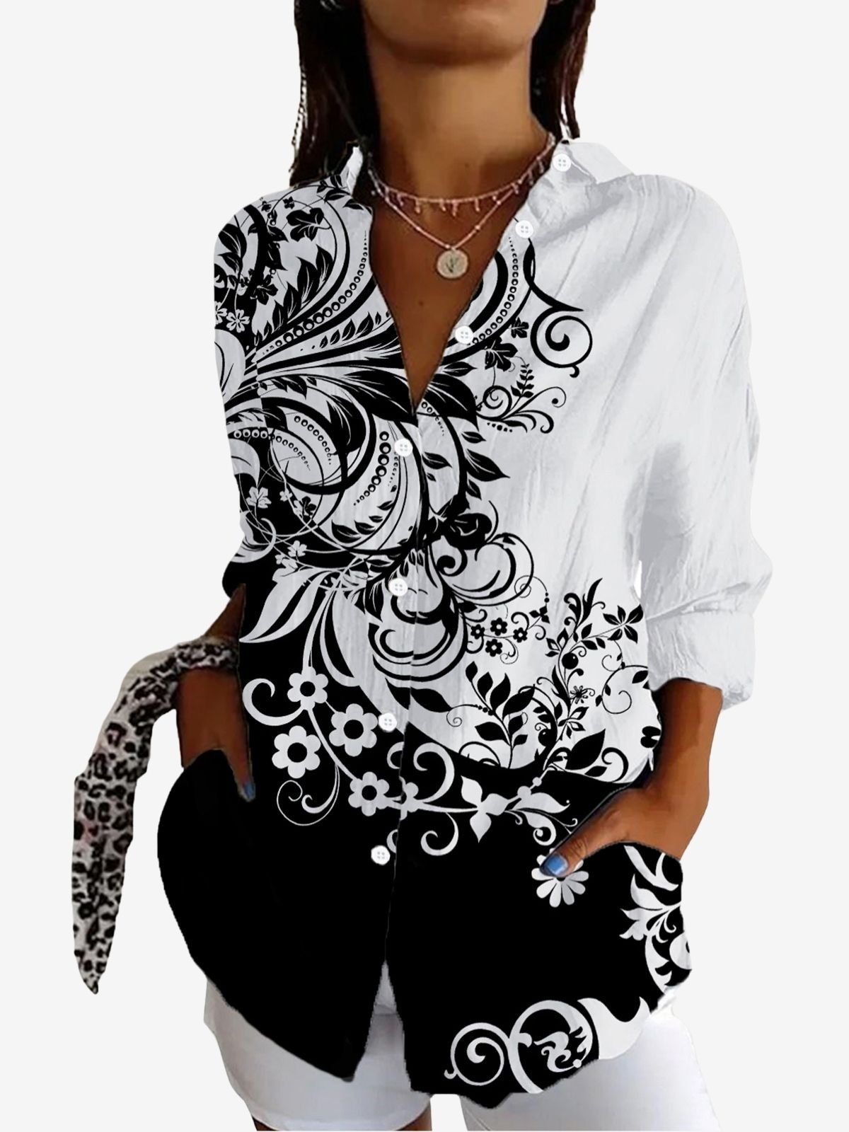 Women's Long Sleeve Shirt Spring/Fall Floral Shirt Collar Daily Going Out Casual Top