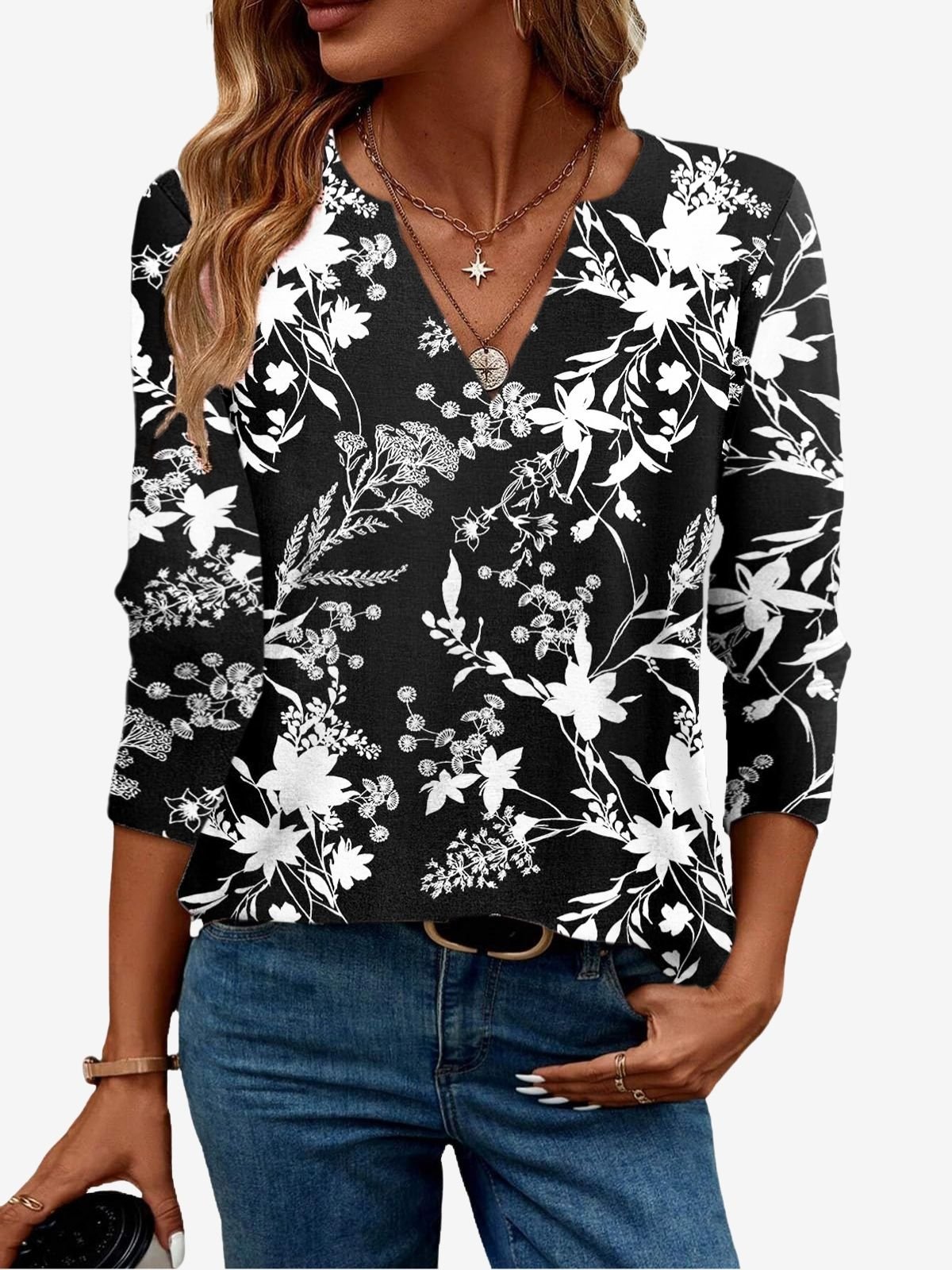 Women's Long Sleeve Floral Blouse Spring/Fall Botanical Pattern Jersey V Neck Daily Going Out Casual Top