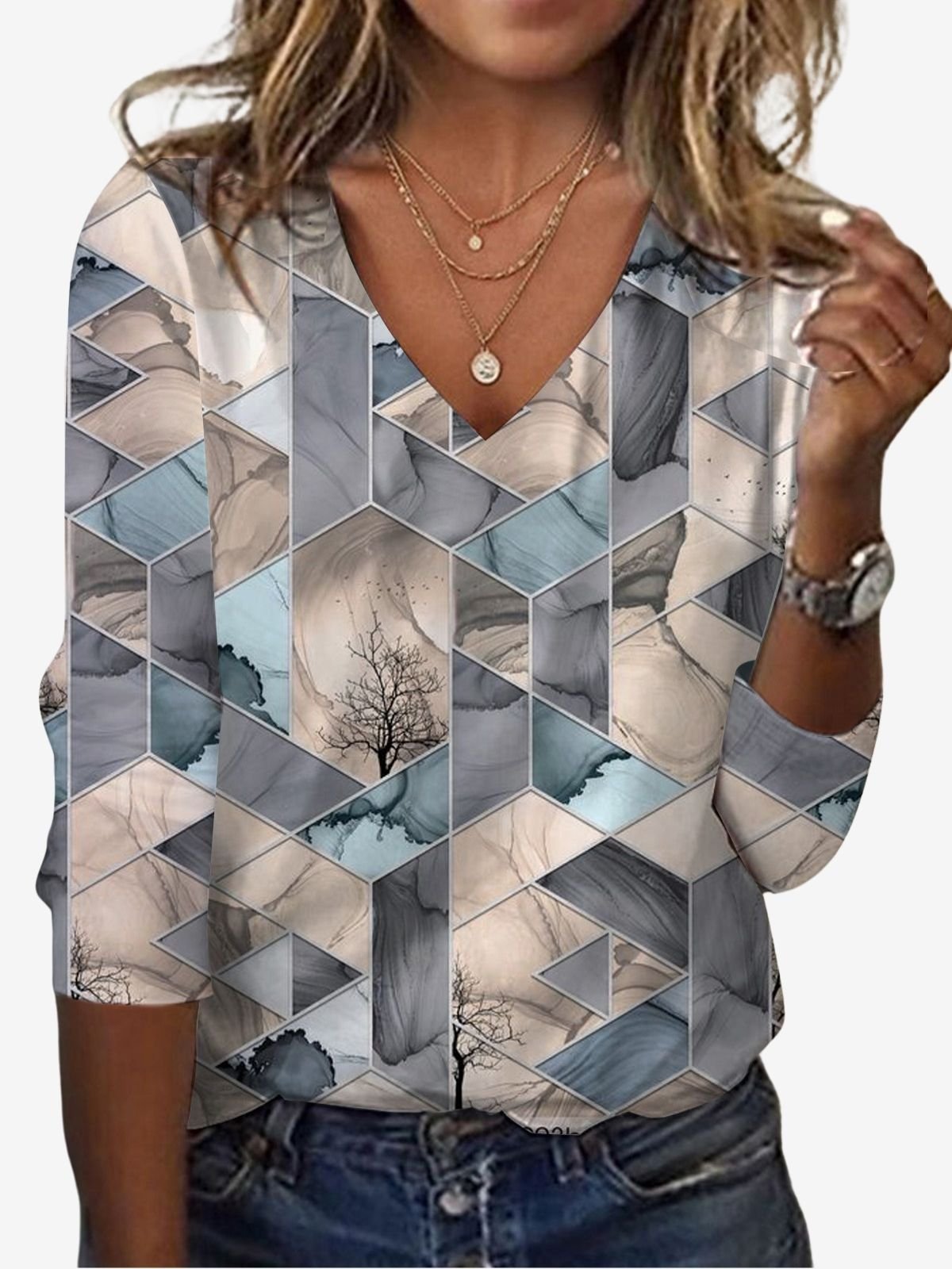 Women's Long Sleeve Tee T-shirt Spring/Fall Geometric Jersey V Neck Daily Going Out Casual Top