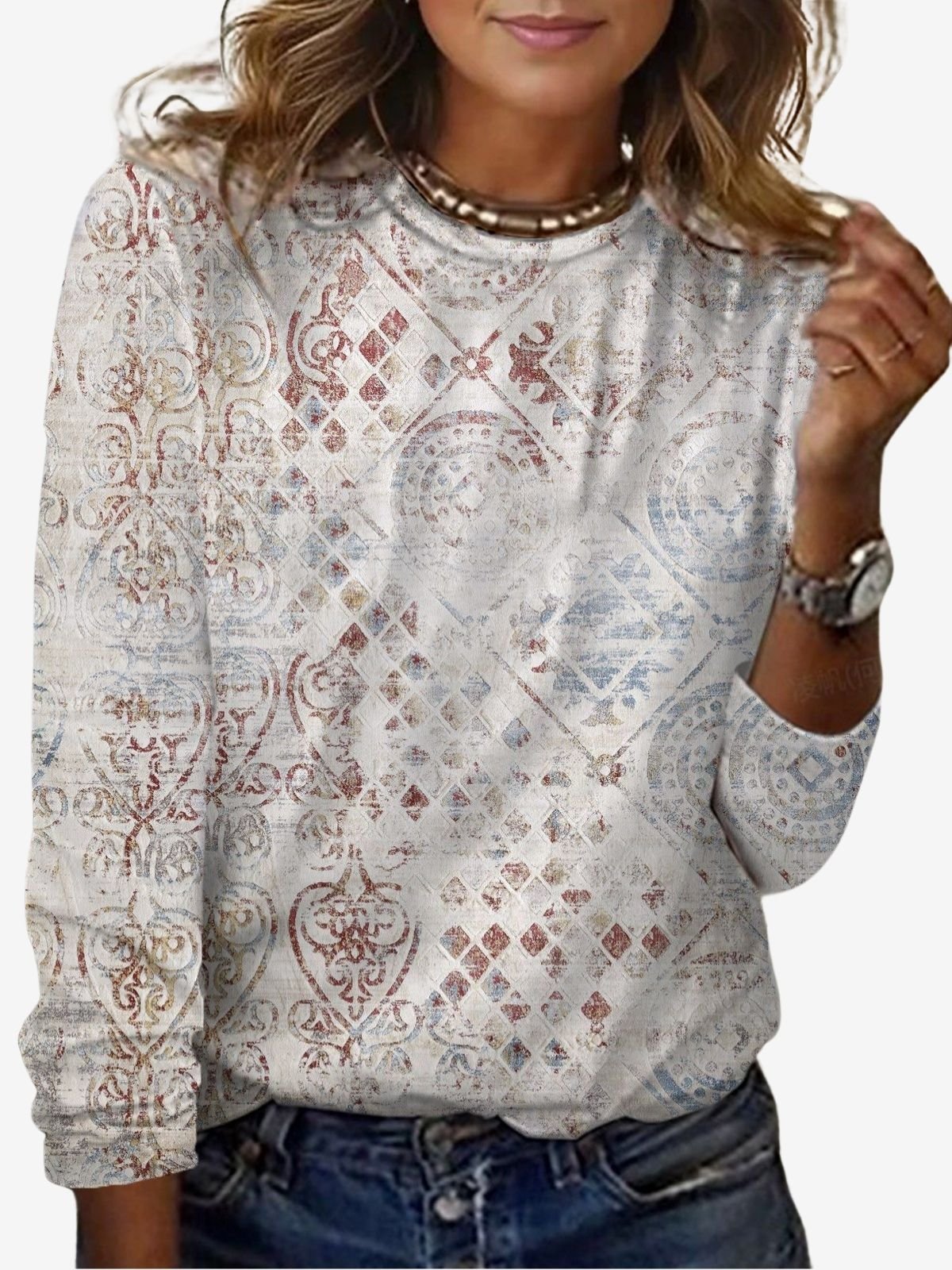 Women's Long Sleeve Tee T-shirt Spring/Fall Ethnic Jersey Crew Neck Daily Going Out Casual Top