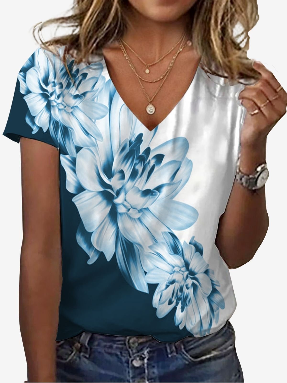 Women's Short Sleeve Tee T-shirt Summer Floral Jersey V Neck Holiday Going Out Casual Top