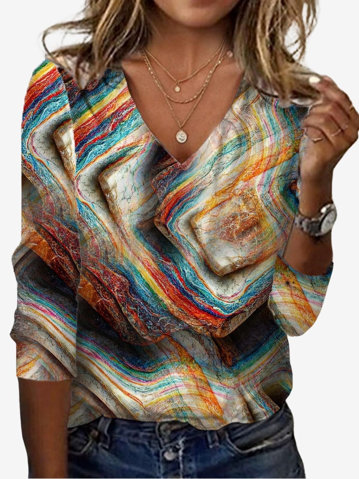 Women's Long Sleeve Tee T-shirt Spring/Fall Abstract Jersey V Neck Daily Going Out Casual Top