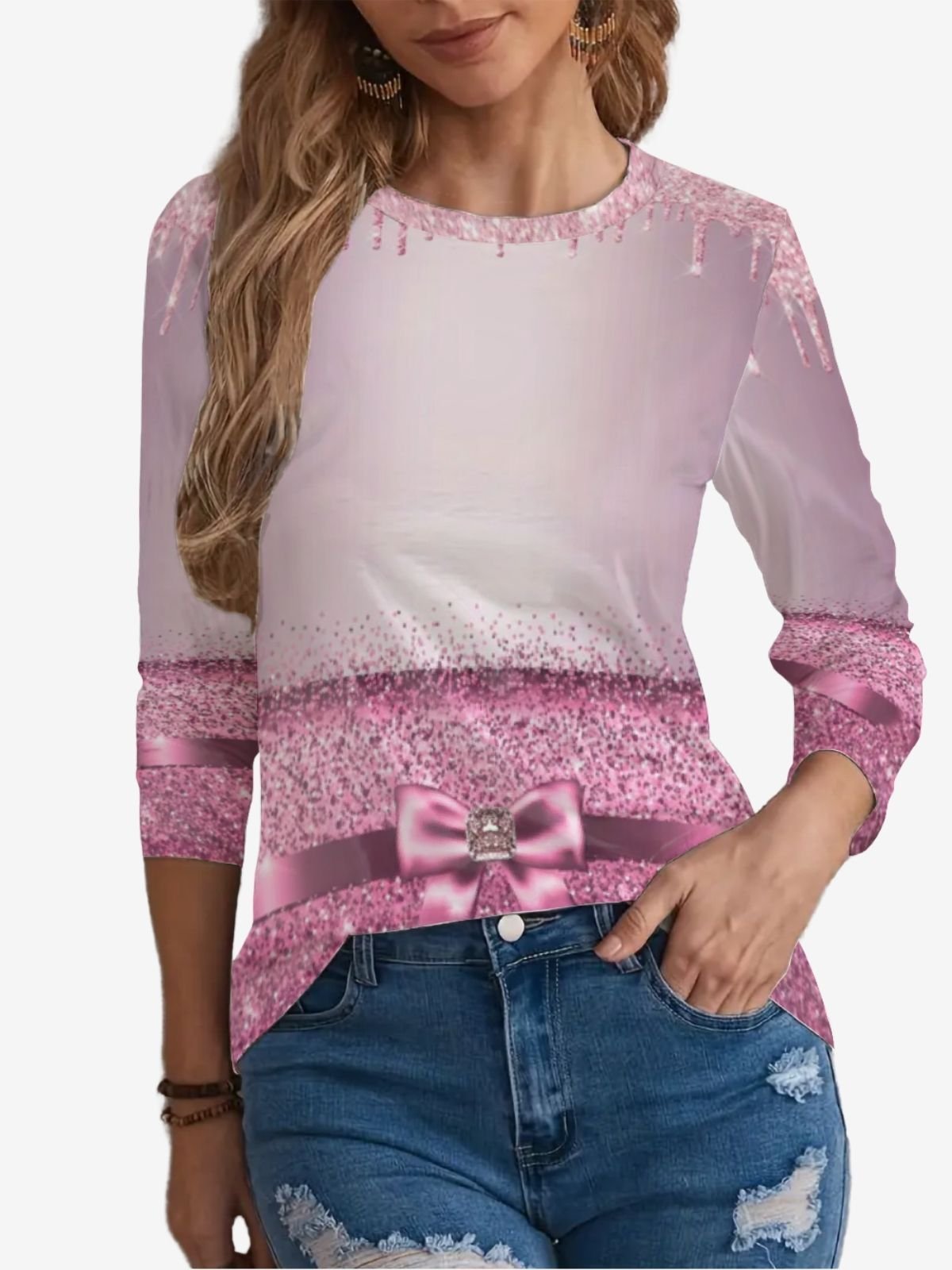 Women's Pink Bow Print Holiday Long Sleeve Crew Neck T-shirt