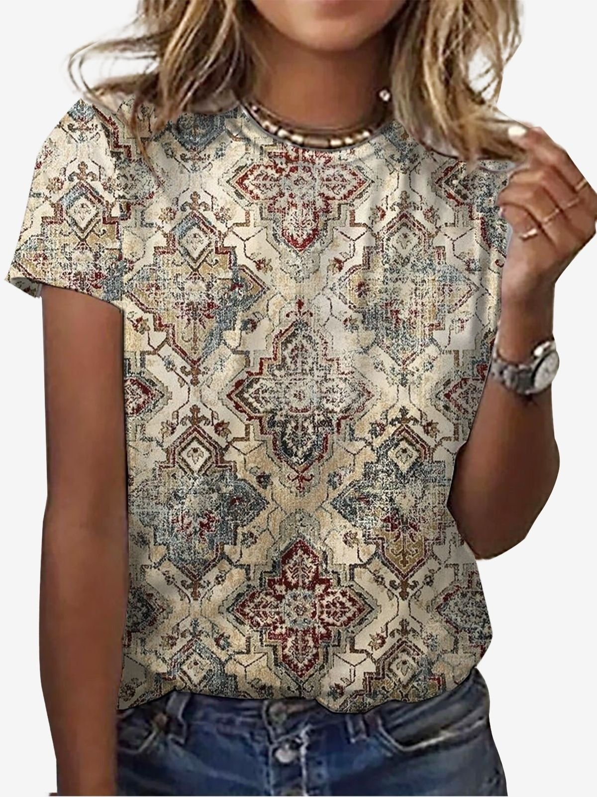 Women's Short Sleeve Tee T-shirt Summer Ethnic Jersey Crew Neck Holiday Going Out Casual Top