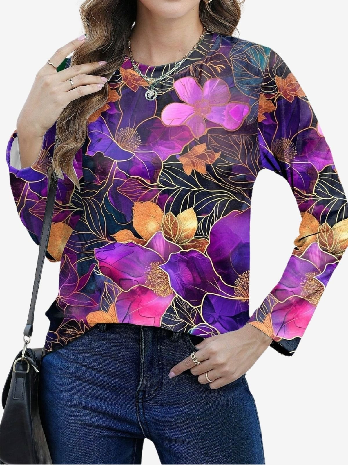 Women's Long Sleeve Tee T-shirt Spring/Fall Floral Printing Jersey Crew Neck Holiday Going Out Casual Top