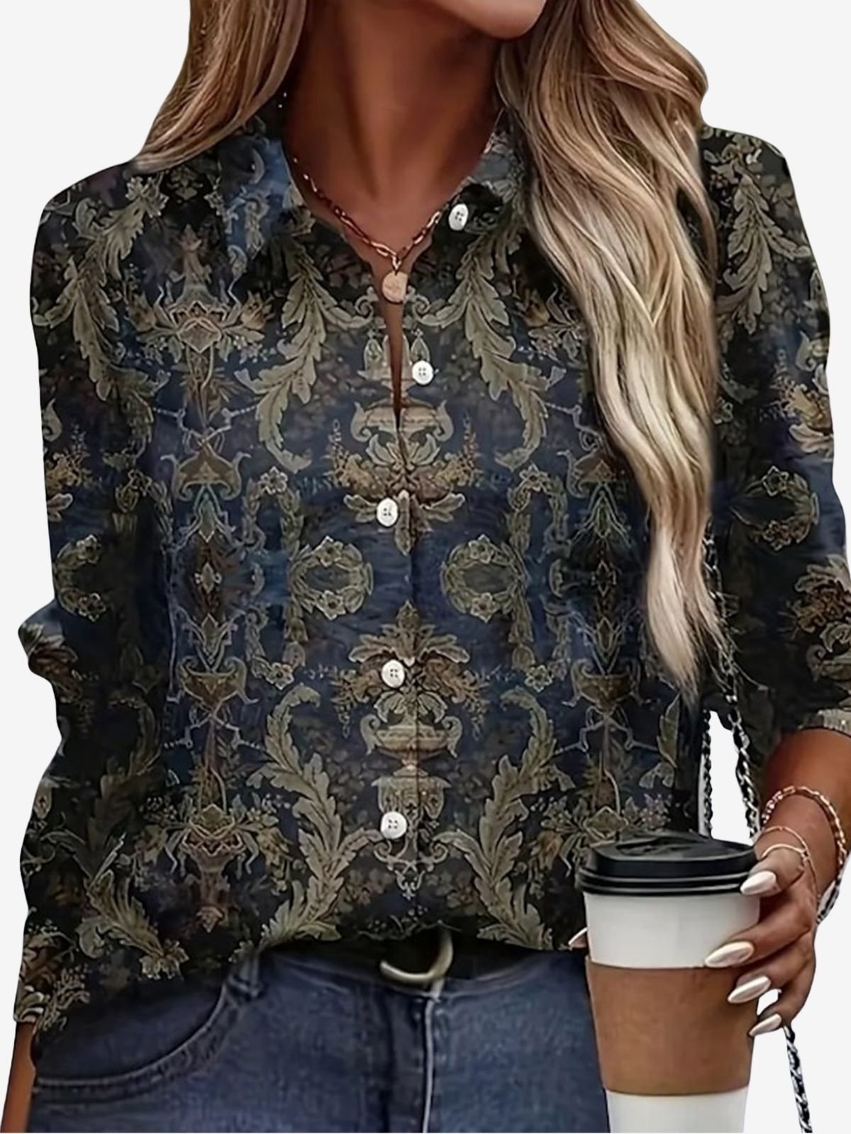 Women's Long Sleeve Shirt Spring/Fall Ethnic Shirt Collar Daily Going Out Casual Top