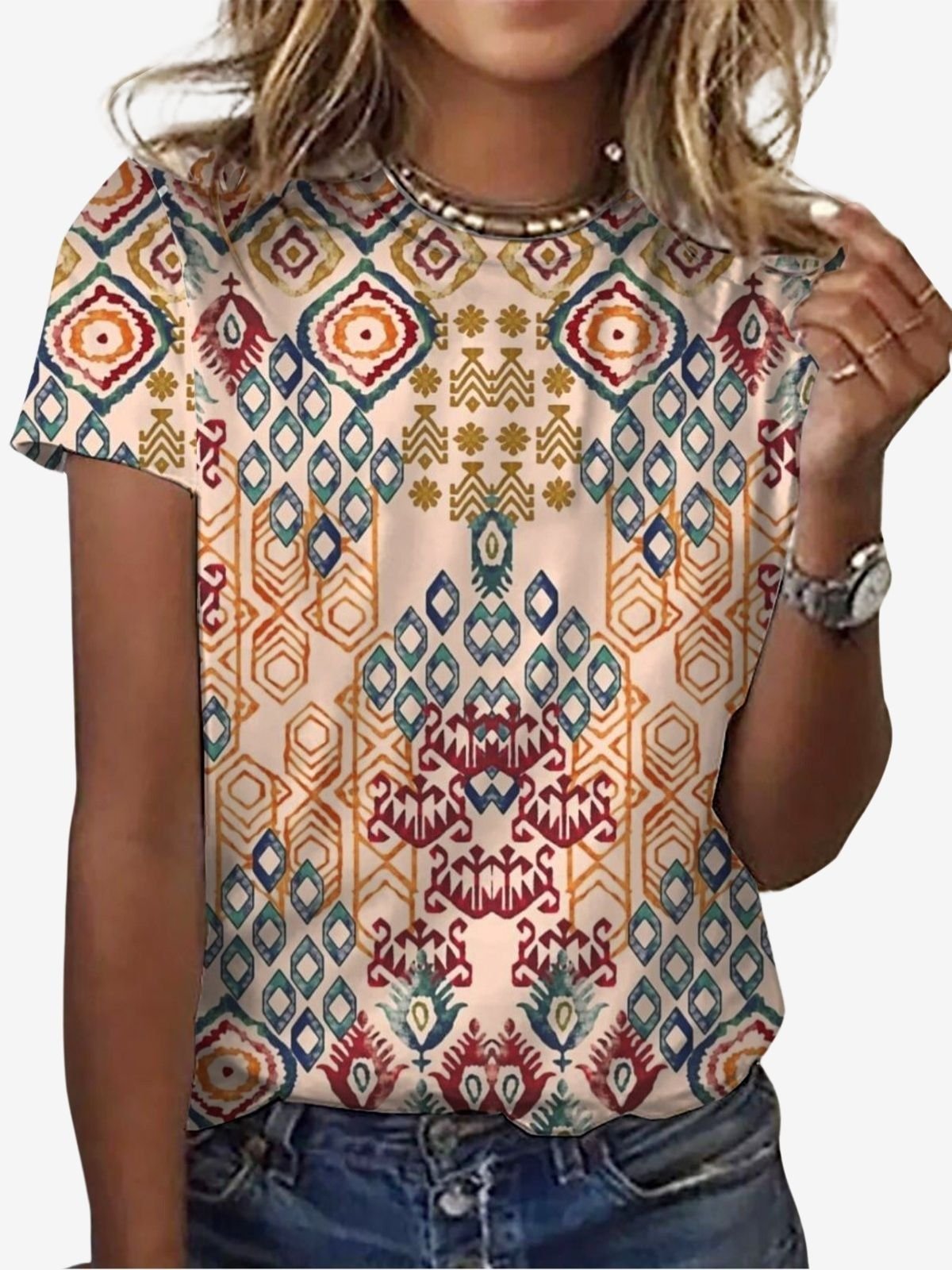 Women's Short Sleeve Tee T-shirt Summer Ethnic Jersey Crew Neck Holiday Going Out Casual Top