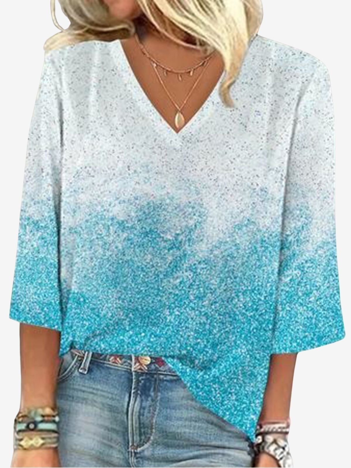 Women's Three Quarter Sleeve Blouse Spring/Fall Ombre V Neck Daily Going Out Casual Top